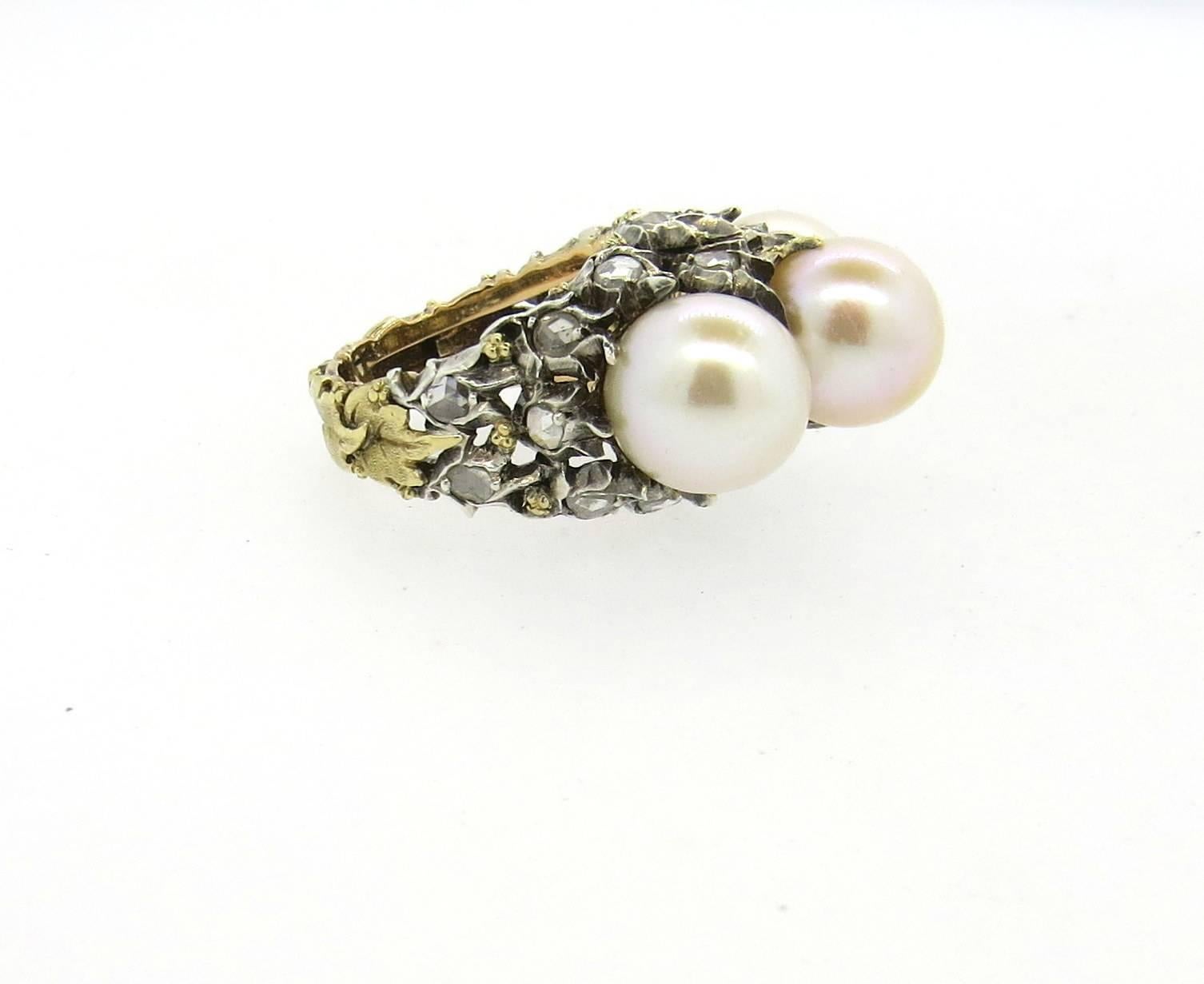 Women's Impressive Buccellati Rose Cut Diamond Pearl Gold Ring 