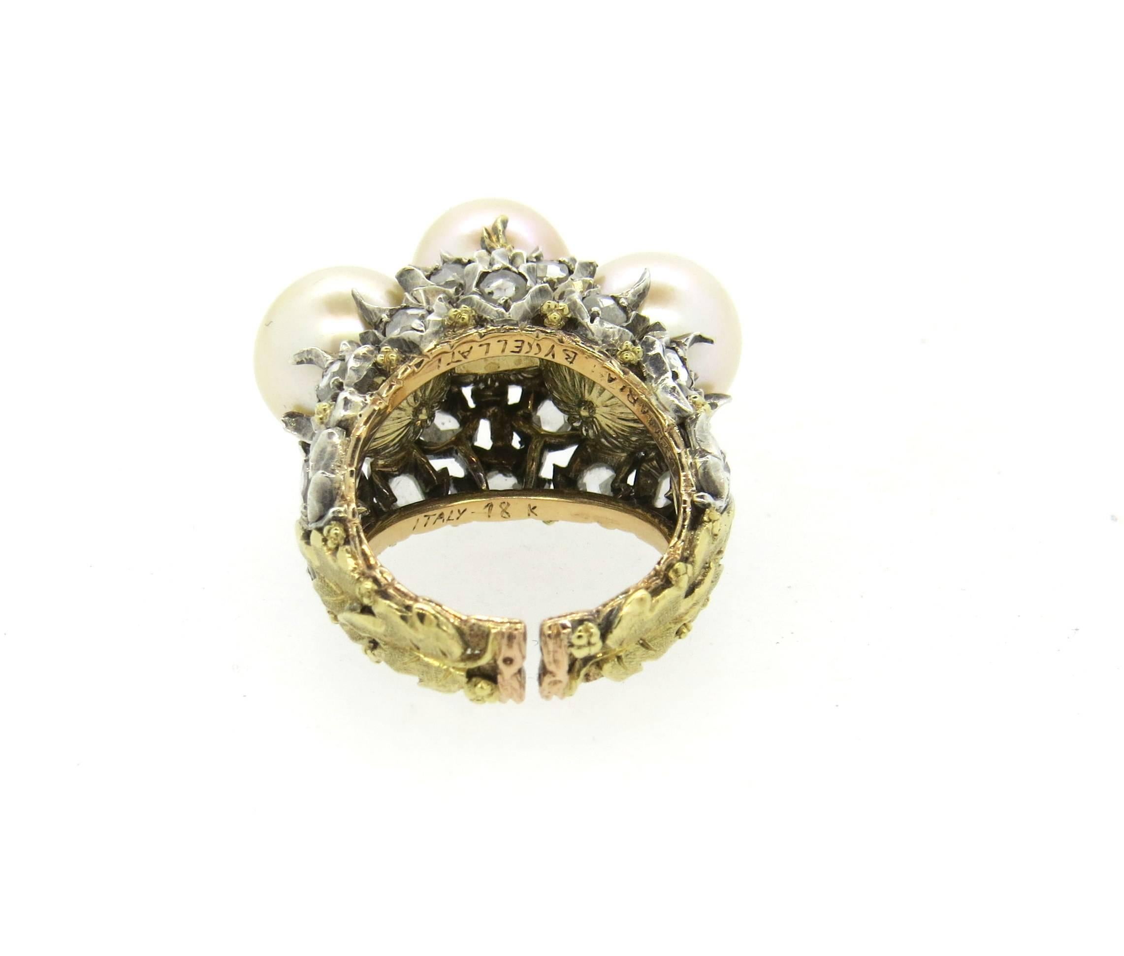 Impressive Buccellati Rose Cut Diamond Pearl Gold Ring  2