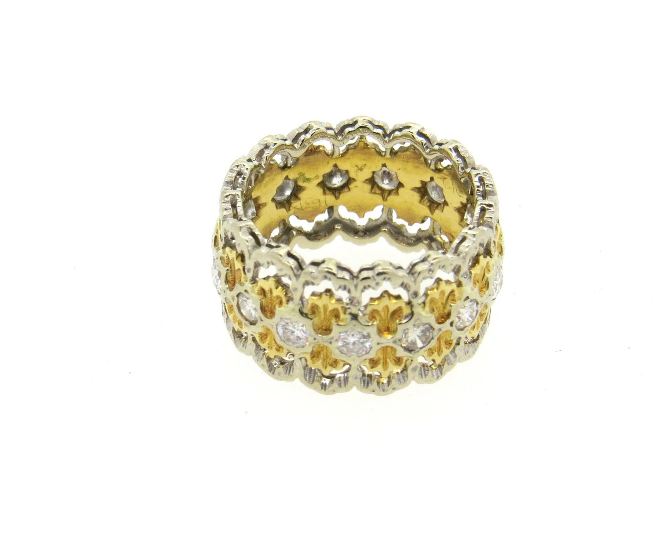 Round Cut Buccellati Diamond Gold Wide Band Ring 