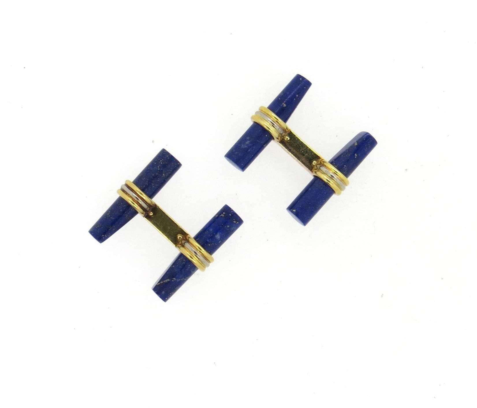 A pair of vintage 18k yellow gold cufflinks, crafted by Van Cleef & Arpels, set with lapis lazuli stones. Each top measures 22mm x 7mm. Marked: VCA, OR750, B9107 1 360. Weight - 10.9 grams 