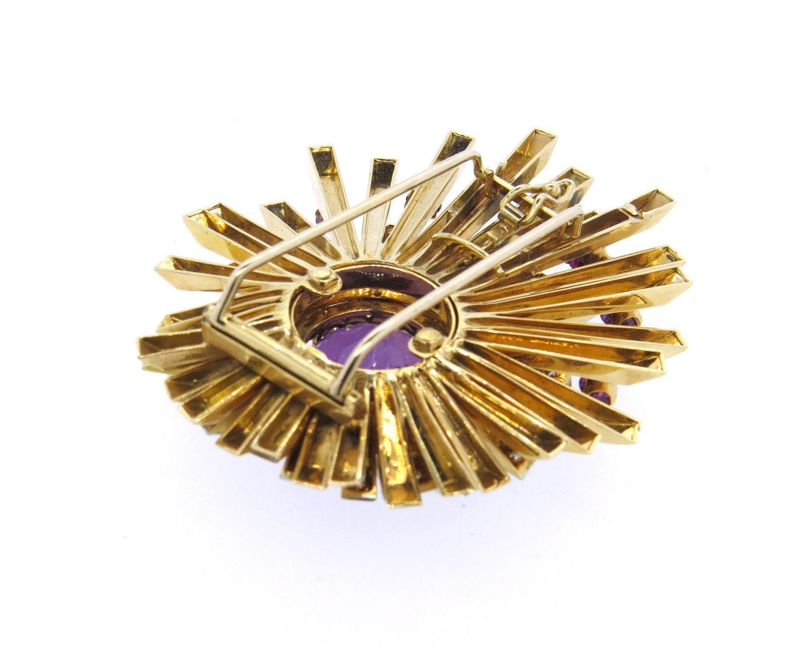 Iconic Retro Large Amethyst tourmaline pearl Gold Diamond Brooch Pin In Excellent Condition In Lambertville, NJ