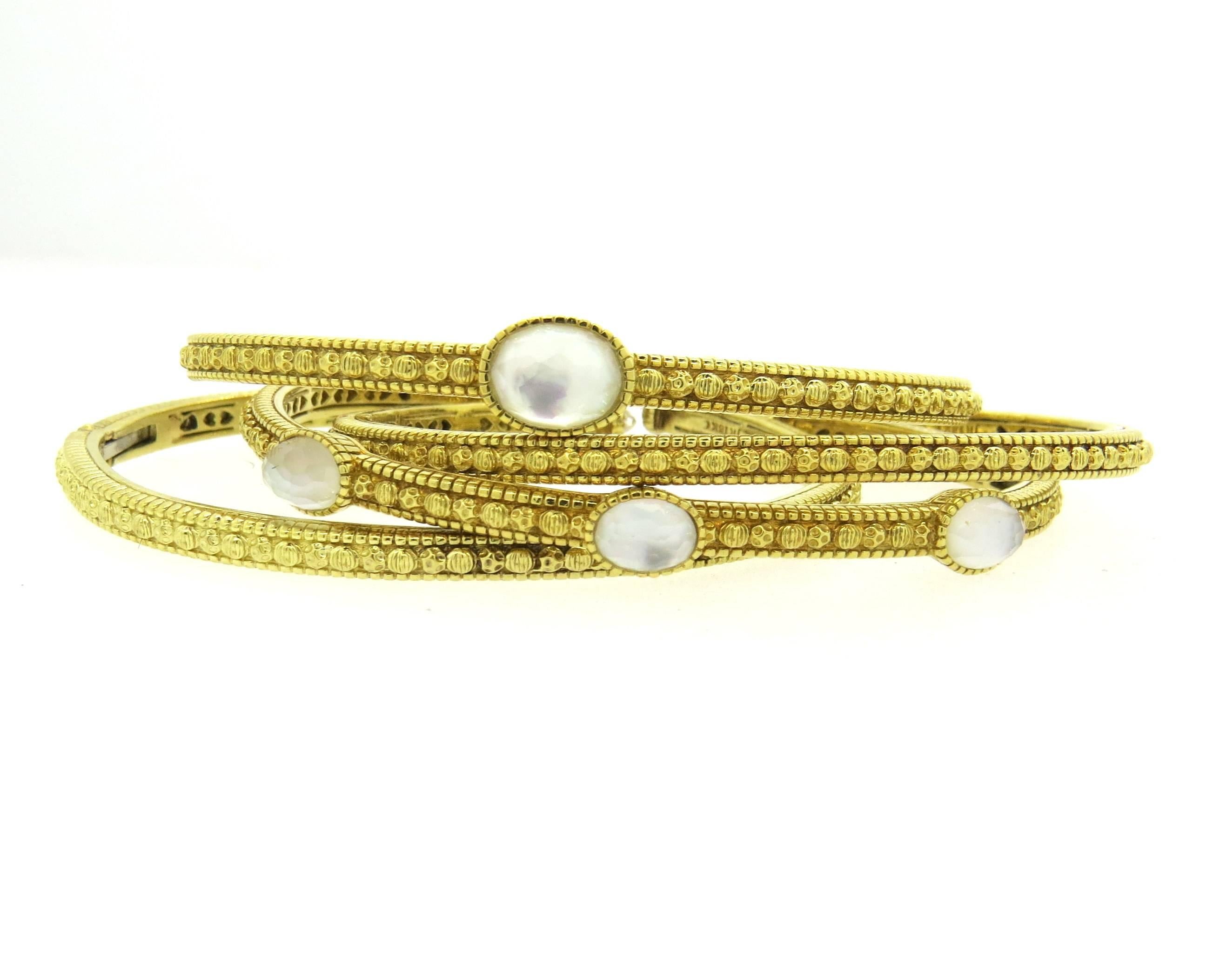 Judith Ripka Crystal Mother of Pearl Gold Cuff Bracelet Set of 4 In Excellent Condition In Lambertville, NJ