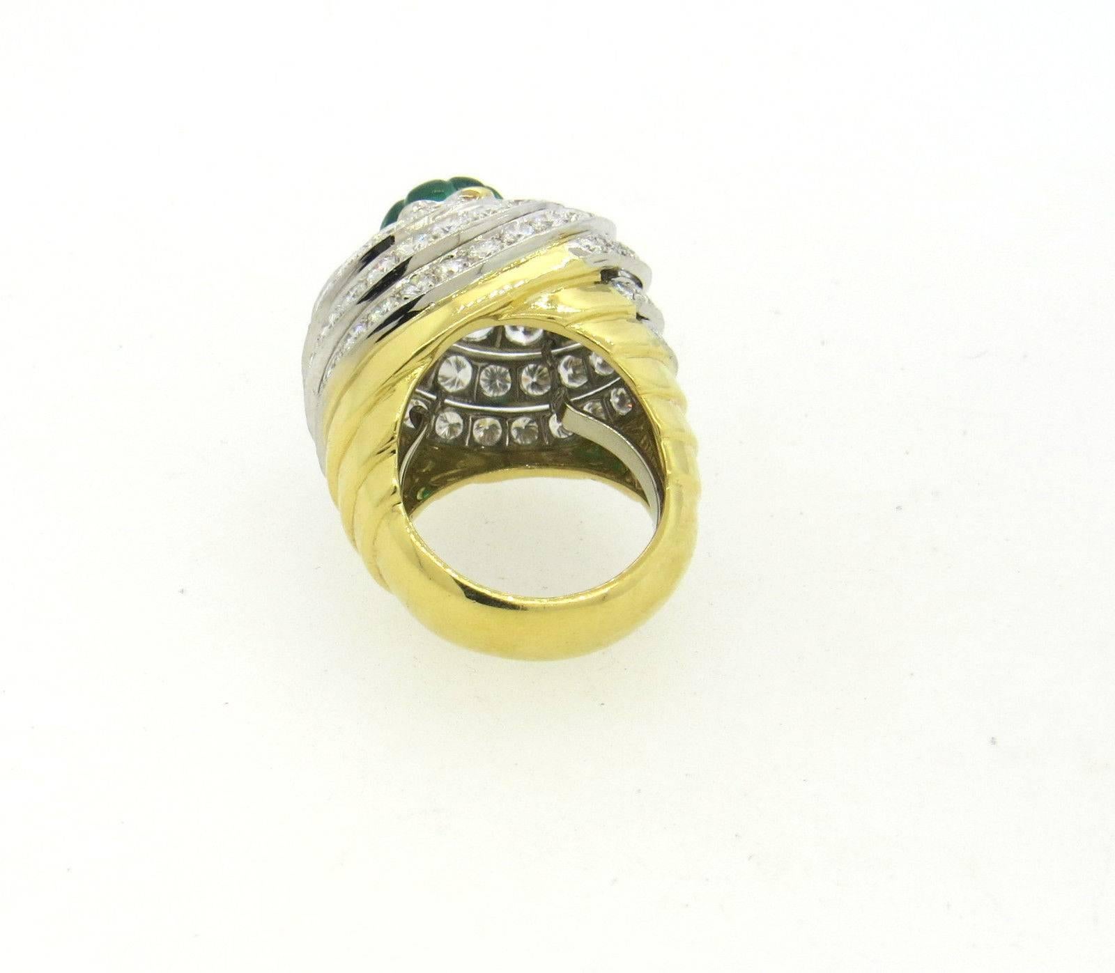 Round Cut Impressive David Webb Gold Platinum Diamond Carved Emerald Ring For Sale