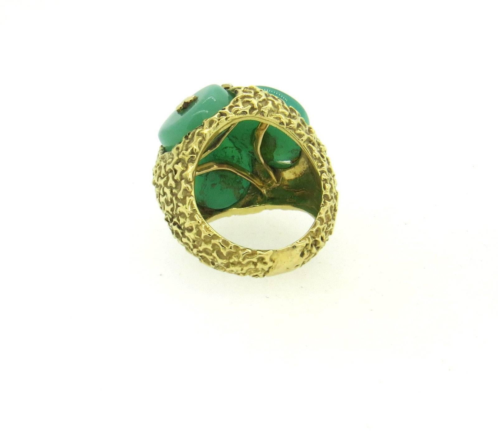 1970s Large Chrysoprase Diamond Gold Dome Ring In Excellent Condition In Lambertville, NJ