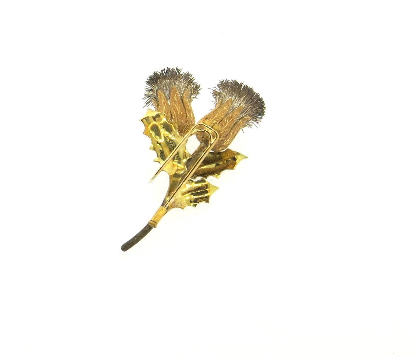 An 18k yellow gold thistle brooch.  Crafted by Mario Buccellati, the brooch measures 62mm x 32mm and weighs 22.9 grams. Marked: M. Buccellati, Italy 750