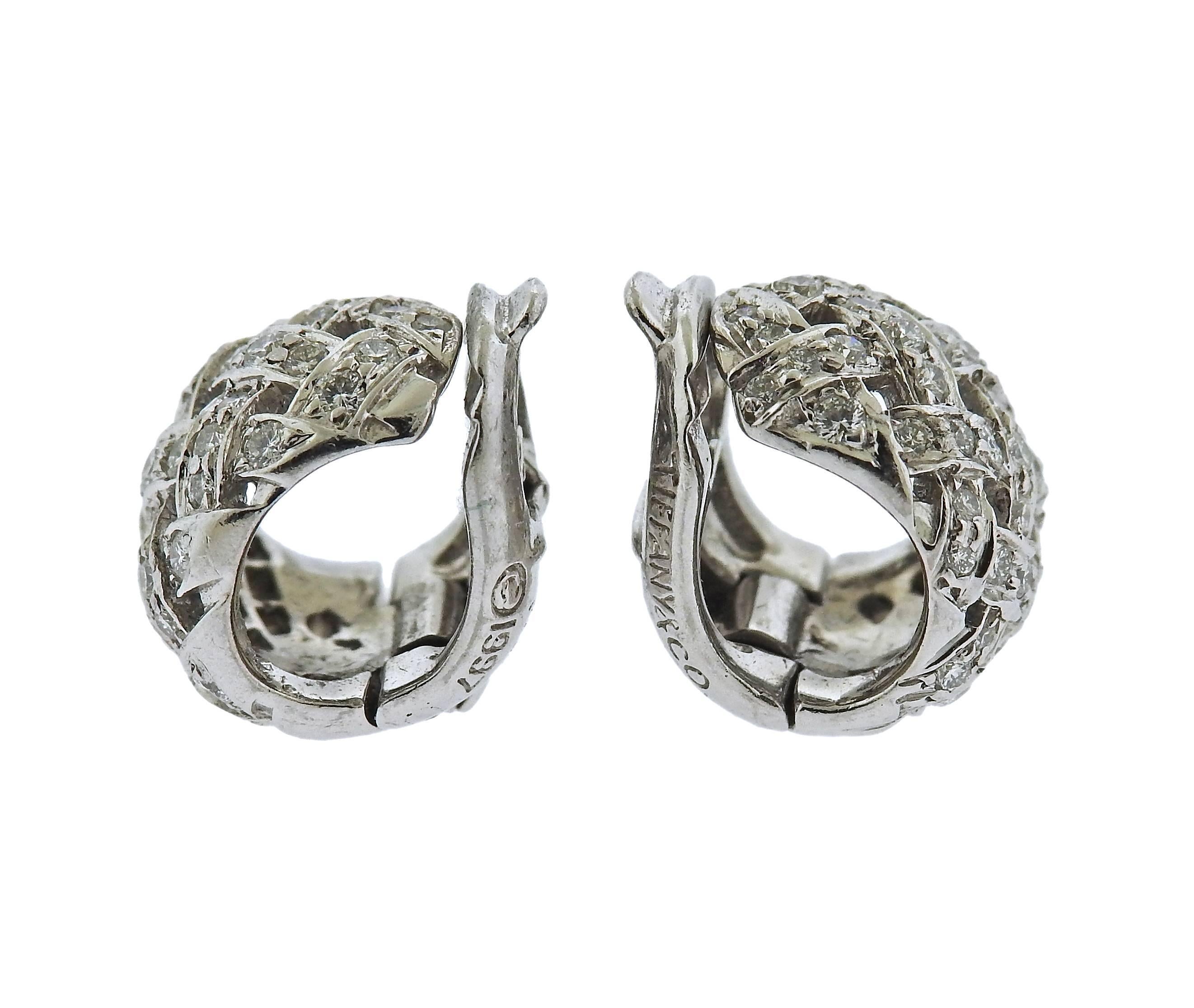 Tiffany & Co. Vannerie Diamond Platinum Basket Weave Earrings In Excellent Condition In Lambertville, NJ