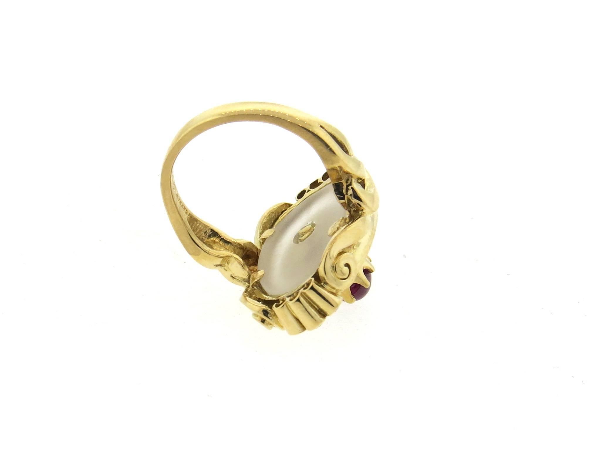 Women's Ilias Lalaounis Frosted Crystal Ruby Diamond Gold Ring 