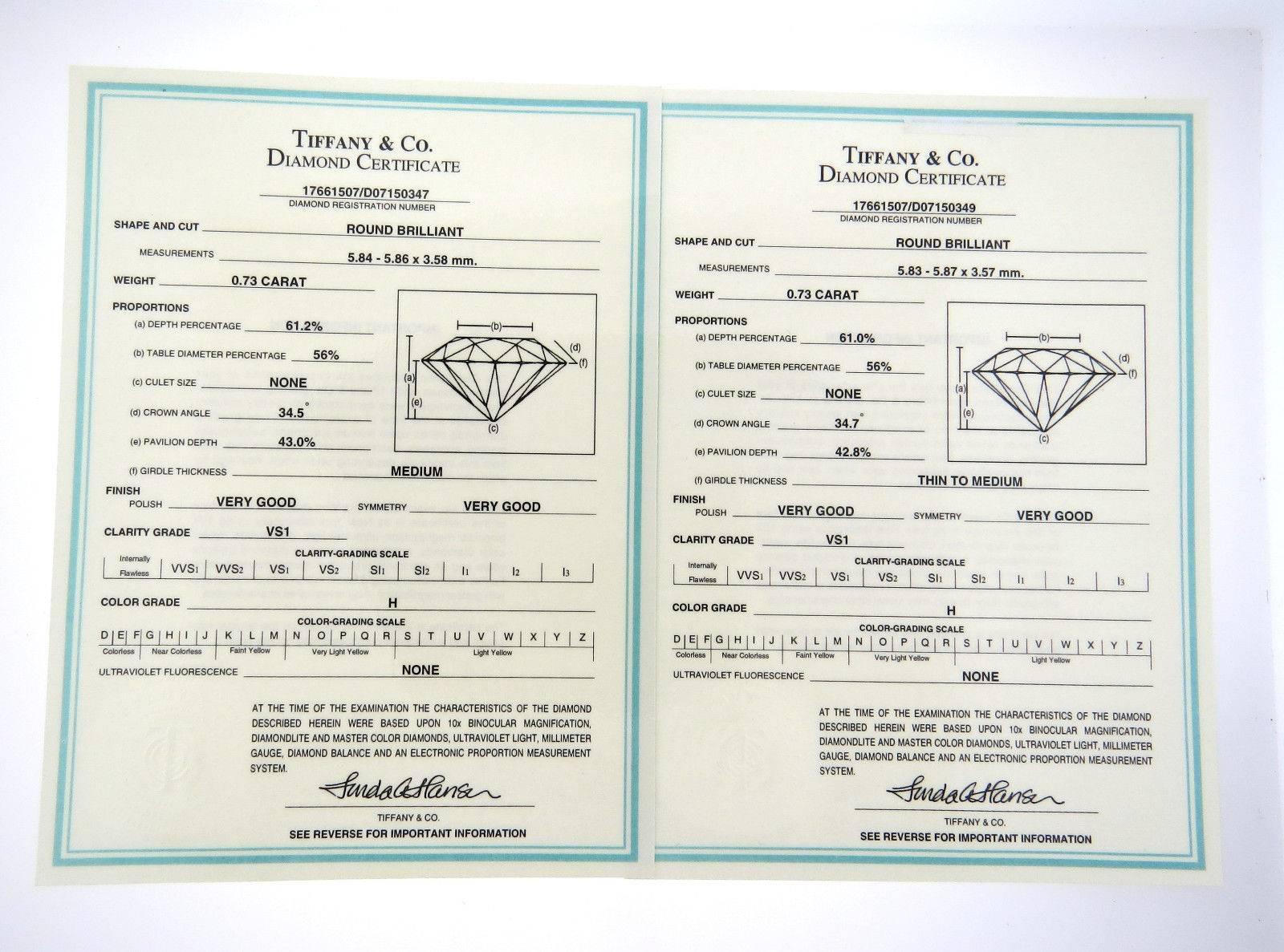 Tiffany & Co. 1.46 Carat Diamond Platinum Stud Earrings  1