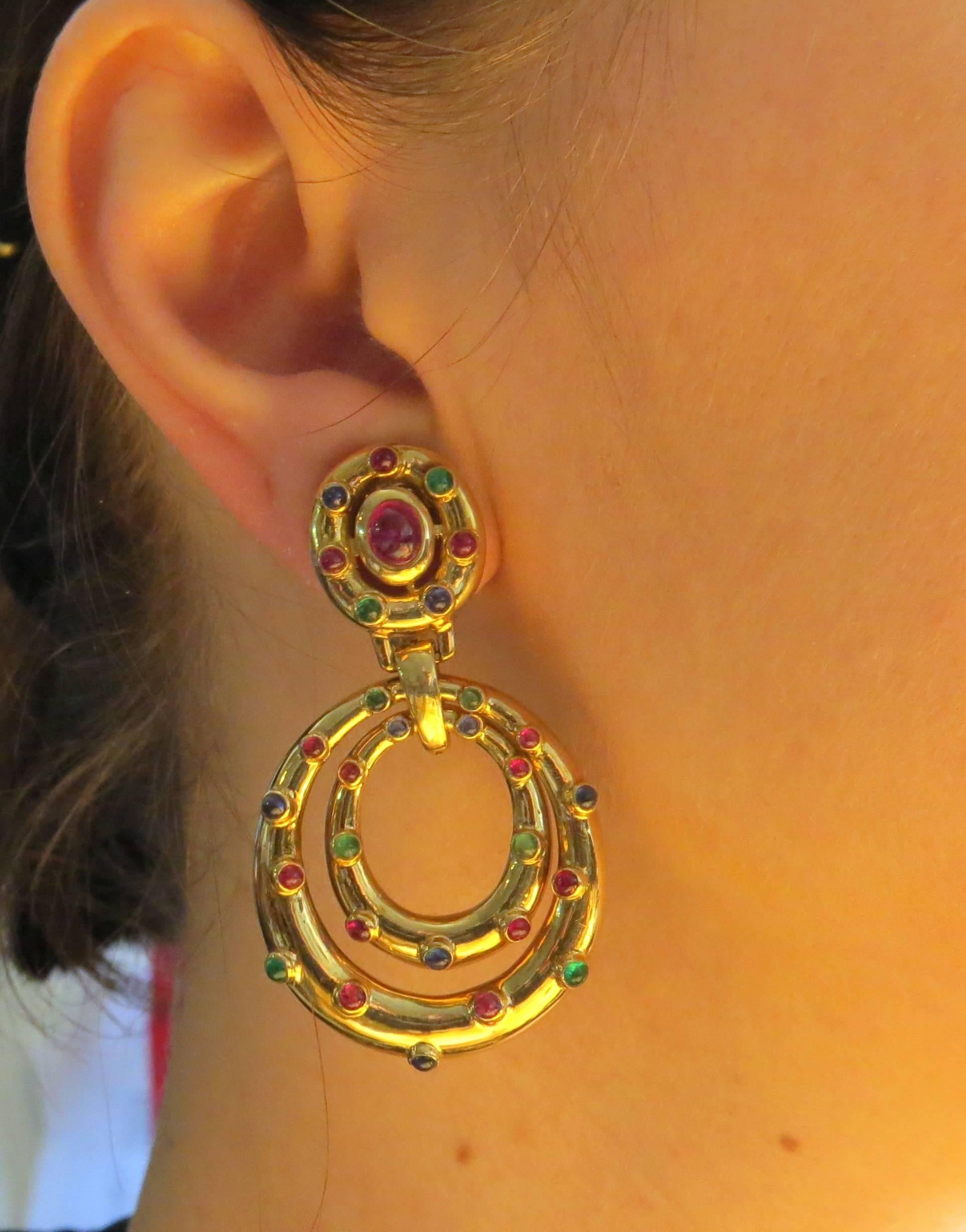 Women's David Webb Large Emerald Ruby Sapphire Gold Doorknocker Earrings