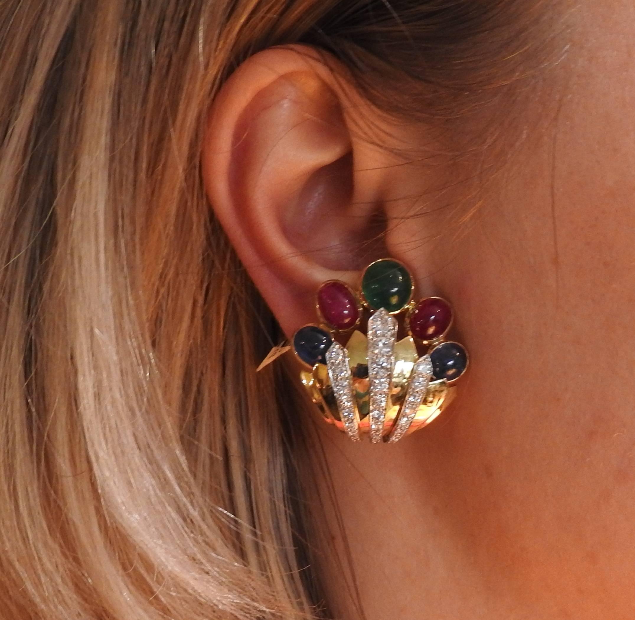 Women's David Webb Diamond Ruby Emerald Sapphire Gold Platinum Earrings For Sale