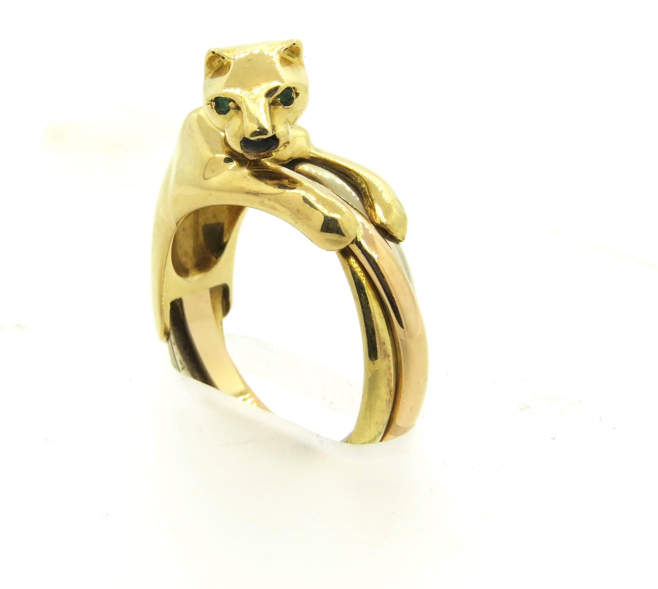 Cartier Panthere Trinity Emerald Onyx Gold Ring In Excellent Condition For Sale In Lambertville, NJ