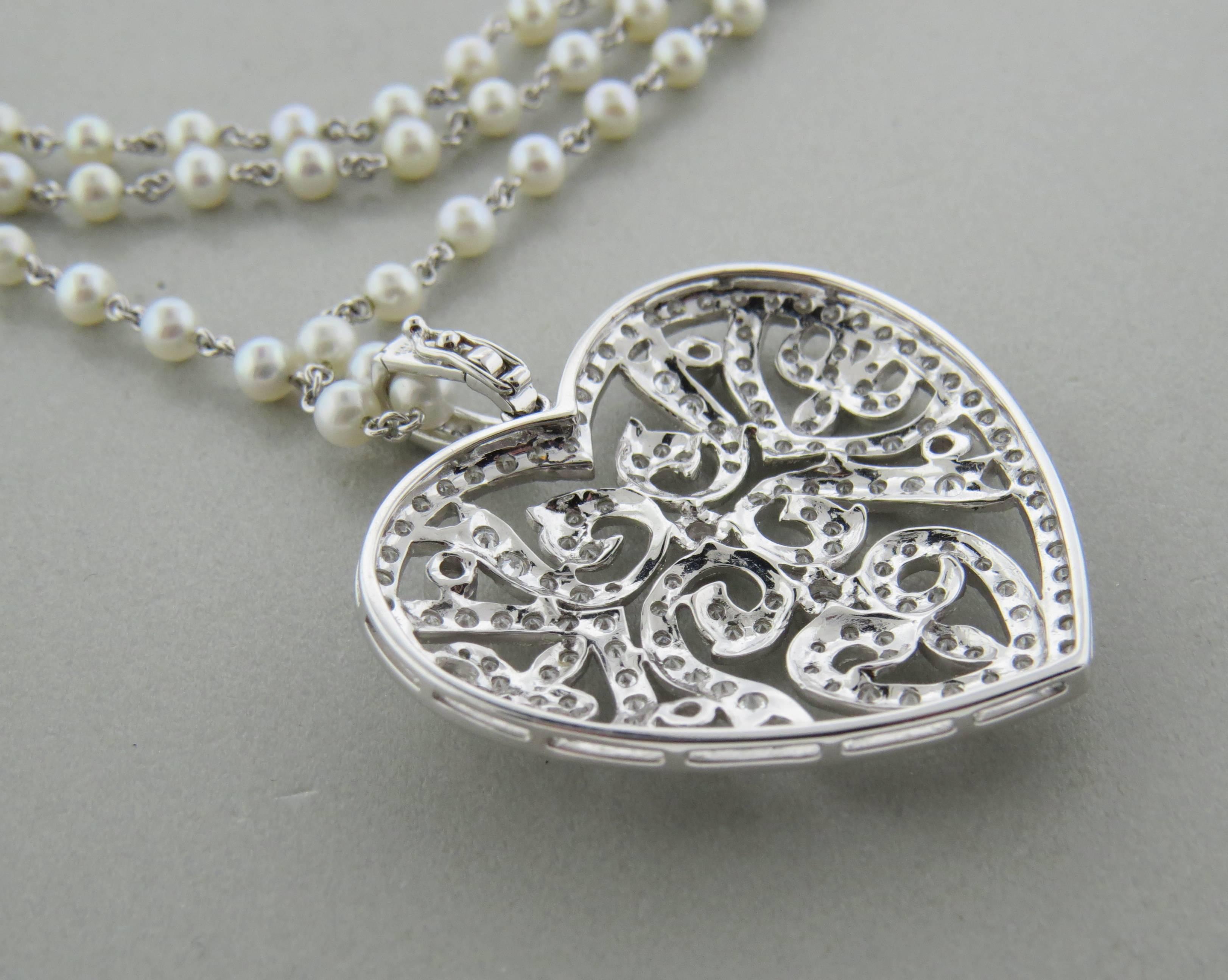 Women's Pearl Diamond Gold Heart Enhancer Pendant Long Necklace