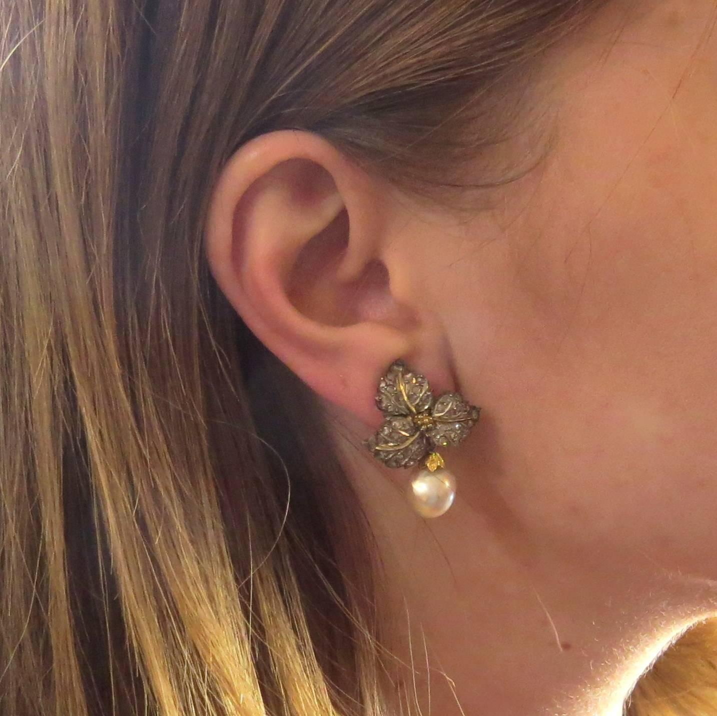 Women's Buccellati Gold Silver Rose Cut Diamond Pearl Leaf Motif Earrings