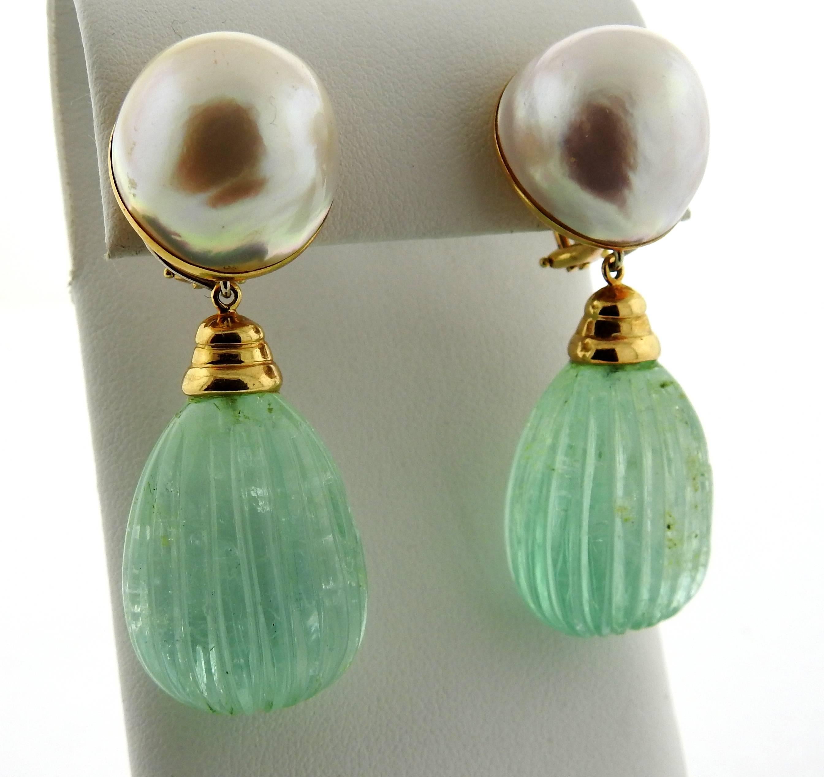 Seaman Schepps Pearl Carved Emerald Gold Drop Day Night Earrings 2