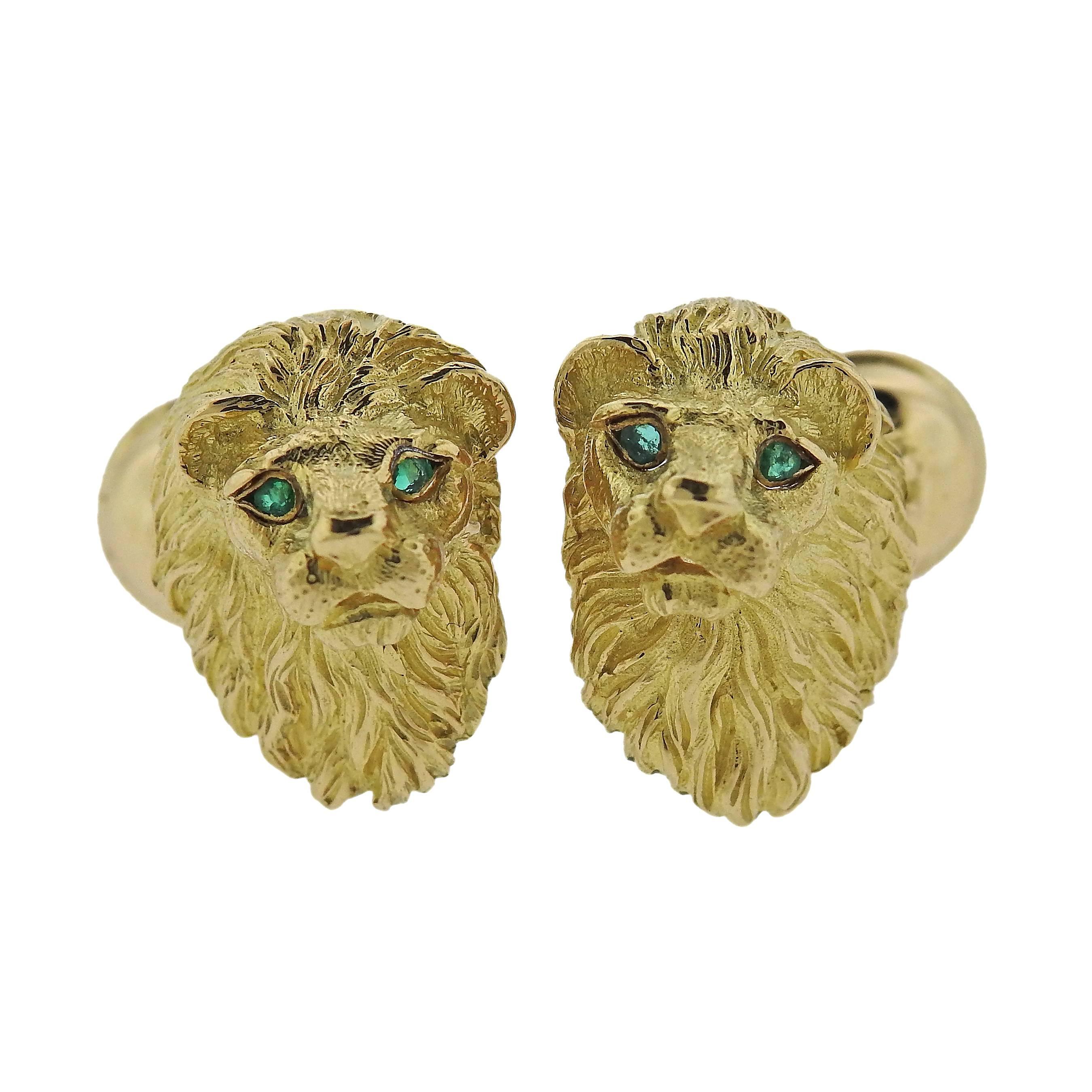 Tiffany & Co. Gold Emerald Lion Head Cufflinks For Sale