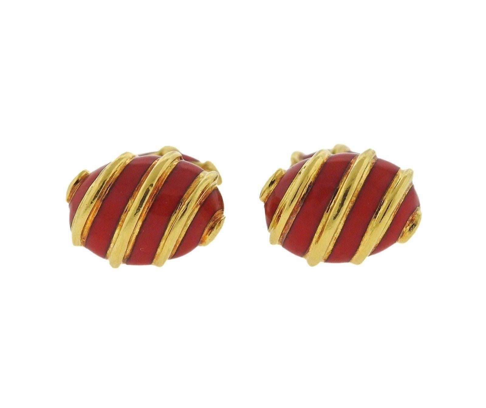 18k Gold Red Enamel Cufflinks. Cufflink tops measure 15mm x 10mm and 12mm X 7mm. Cufflinks tested 18k and weigh 15.1 grams. 