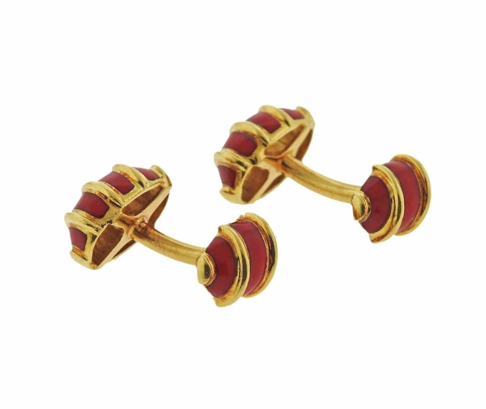 Classic Red Enamel Gold Cufflinks In Excellent Condition In Lambertville, NJ