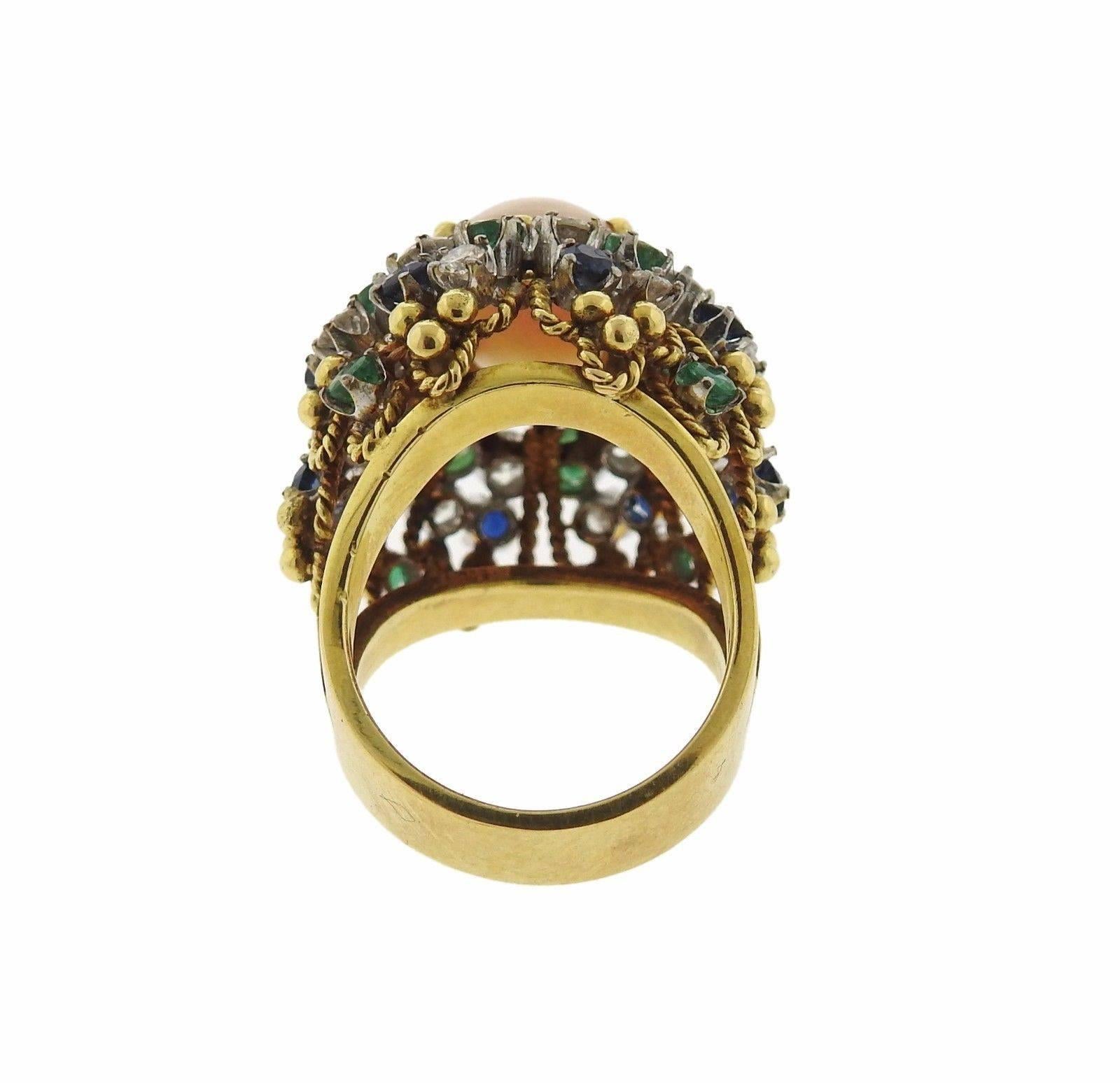 1960s Angel Skin Coral Sapphire Emerald Diamond Gold Ring In Good Condition In Lambertville, NJ