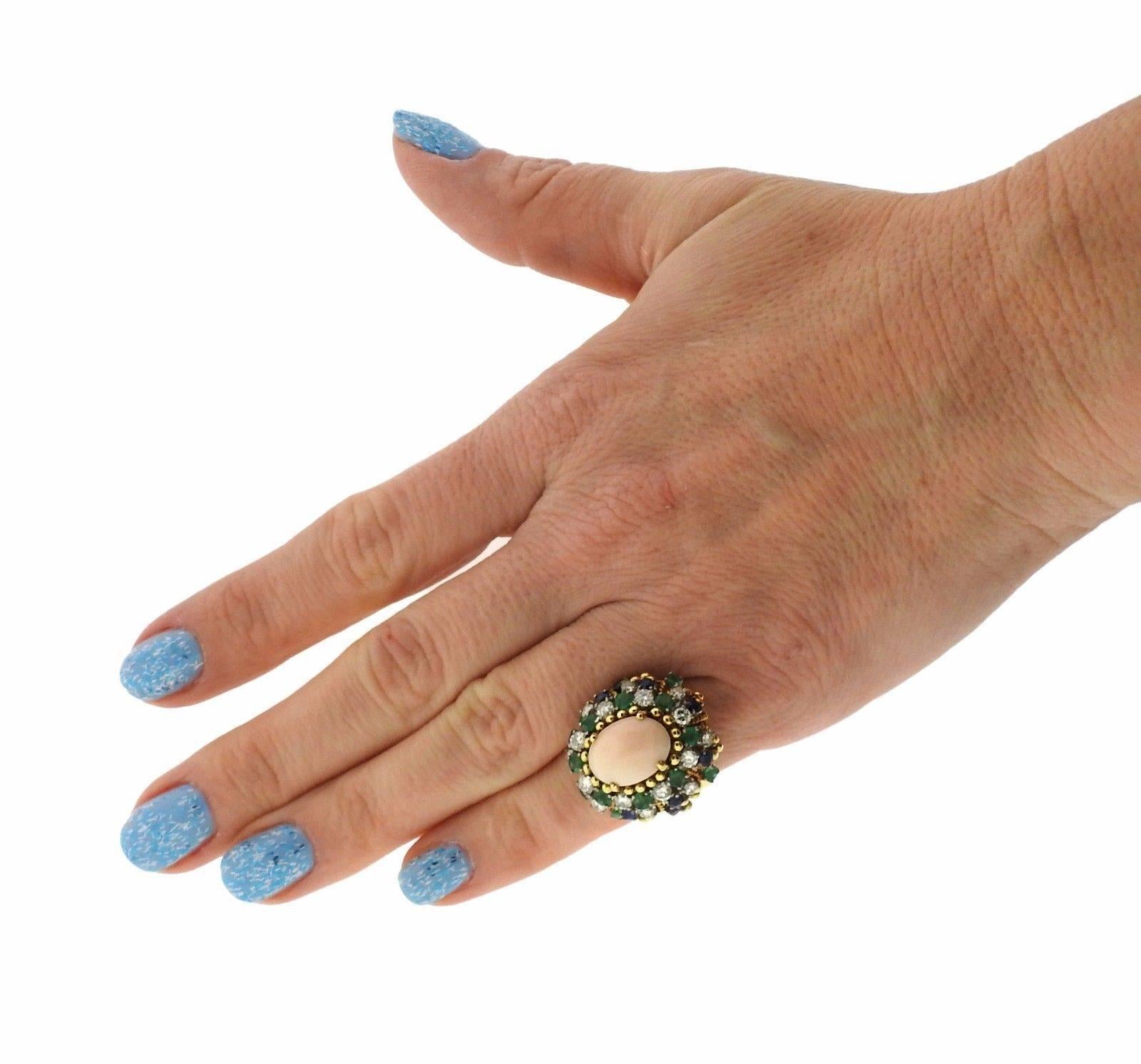 Women's 1960s Angel Skin Coral Sapphire Emerald Diamond Gold Ring