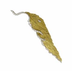 1970s Large Diamond Gold Platinum Feather Brooch Pin