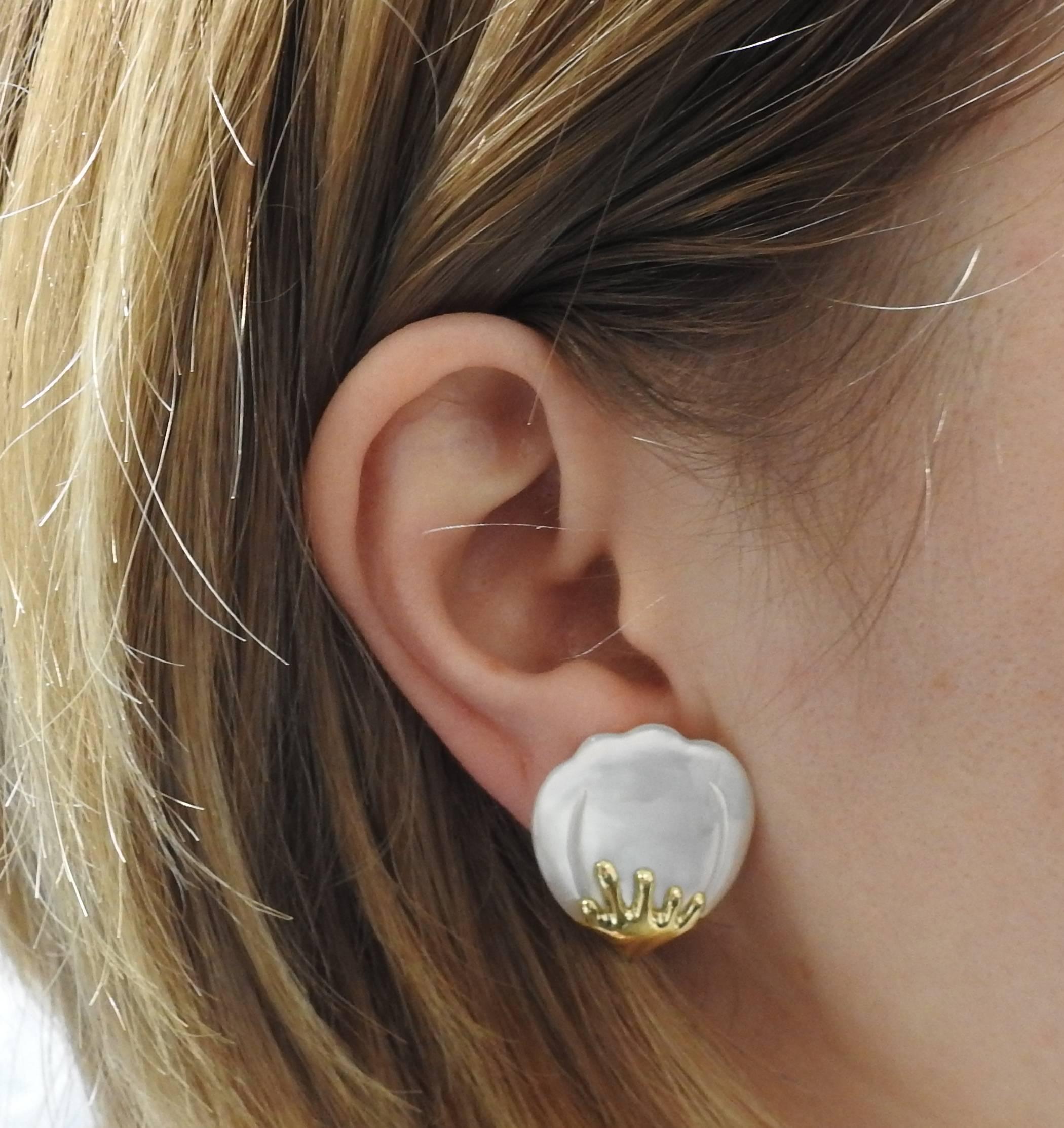 Tiffany & Co. Gold Mother-of-Pearl Flower Petal Earrings 2