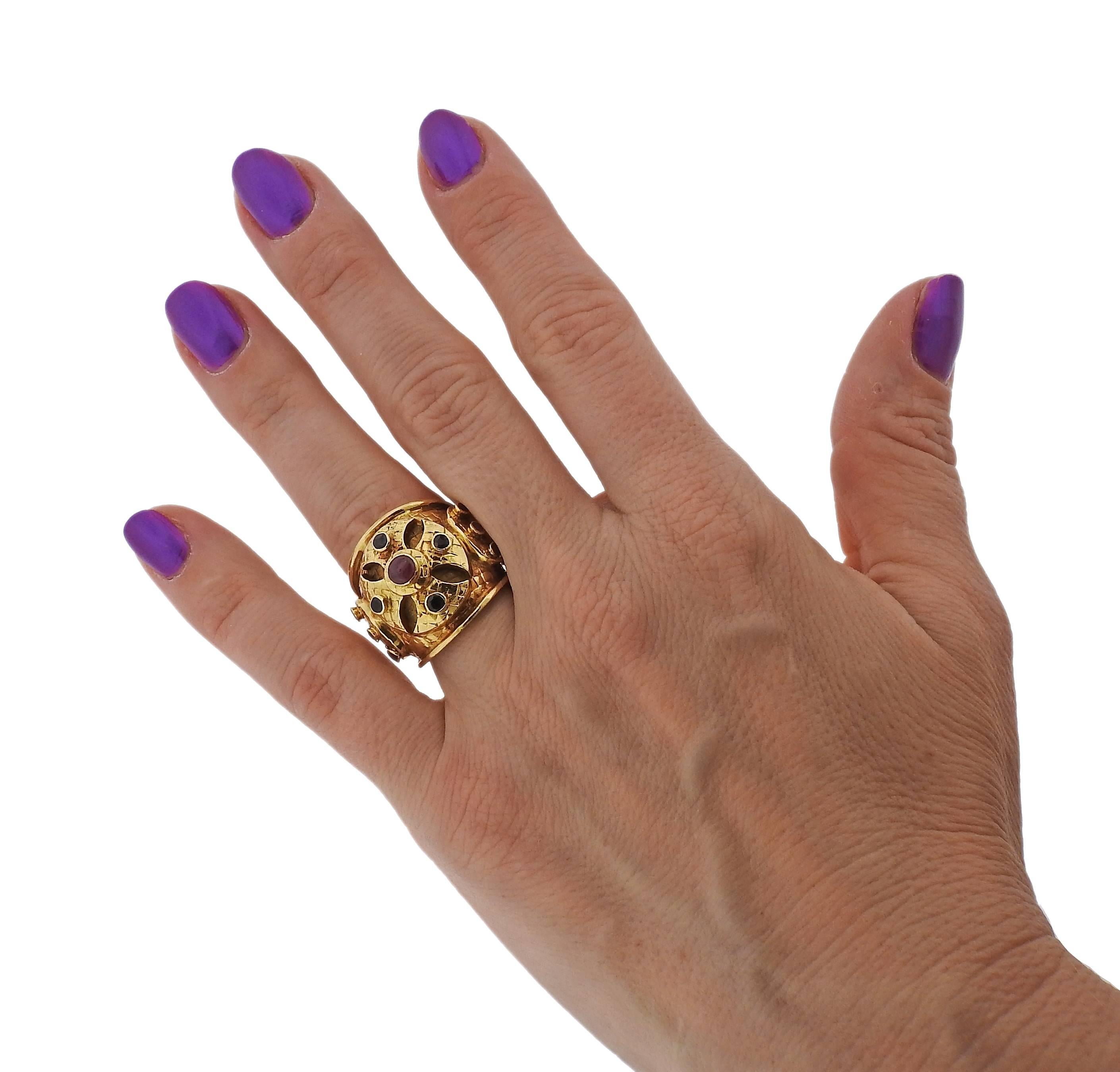 Ilias Lalaounis Gold Ruby Sapphire Dome Band Ring 2