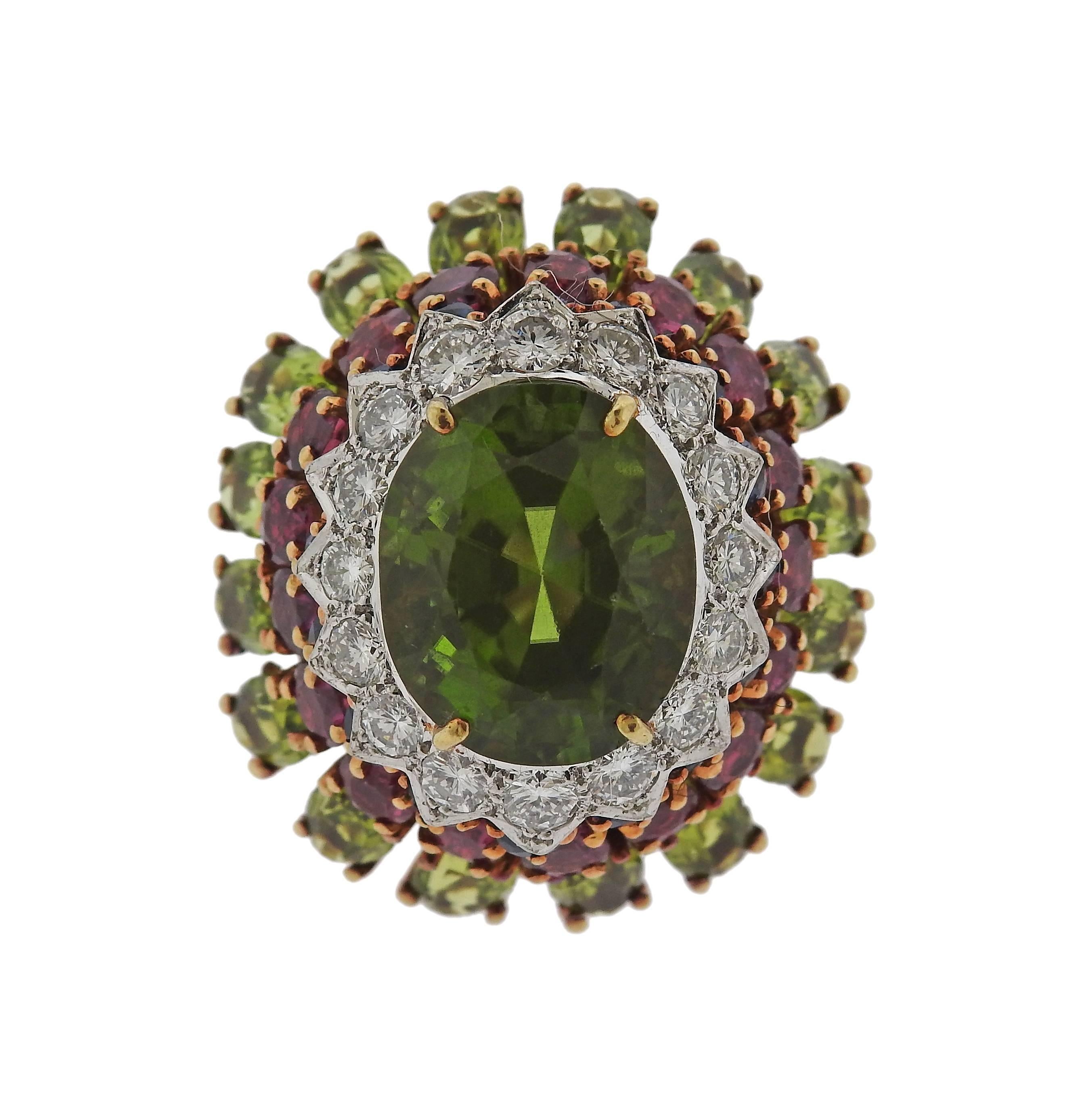 1960s Peridot Ruby Sapphire Diamond Gold Cocktail Ring In Excellent Condition In Lambertville, NJ