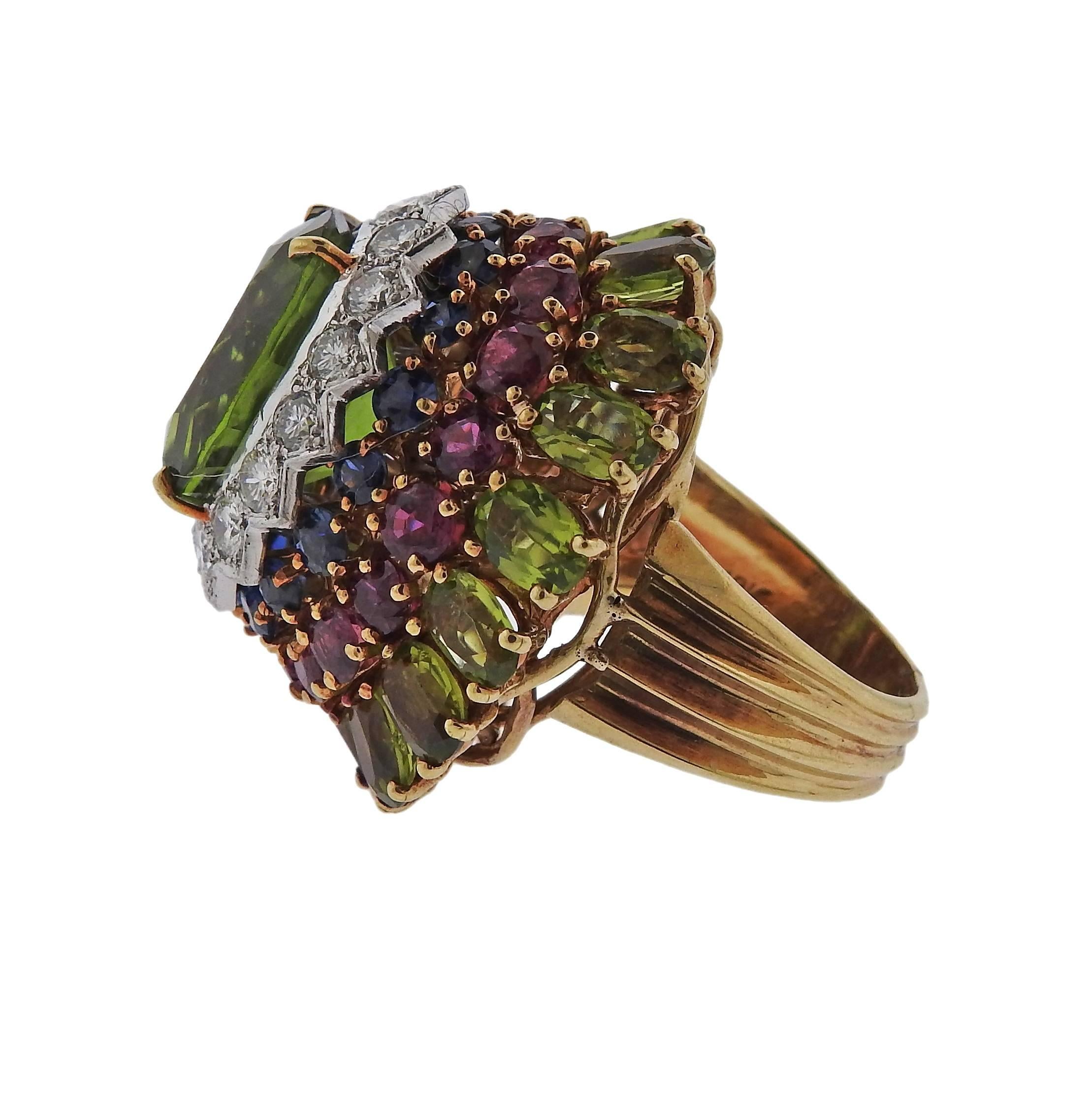 Women's 1960s Peridot Ruby Sapphire Diamond Gold Cocktail Ring