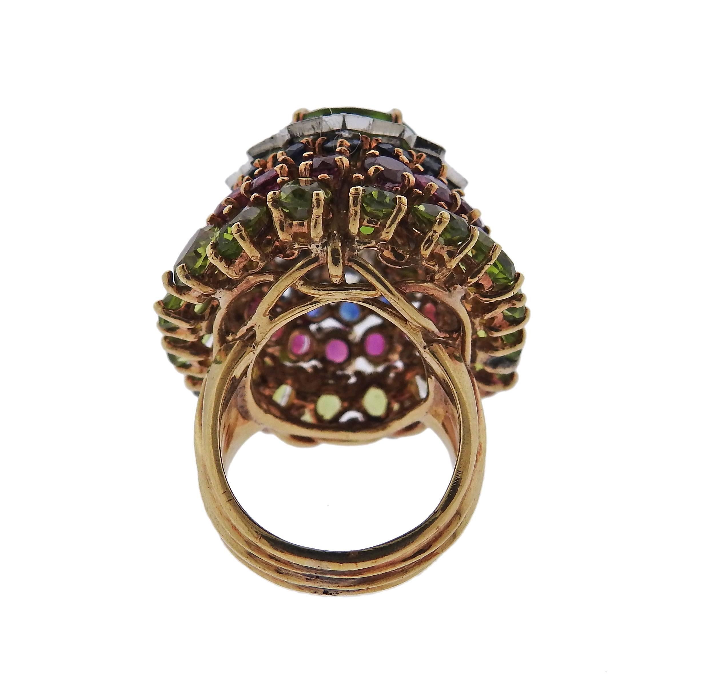 1960s Peridot Ruby Sapphire Diamond Gold Cocktail Ring 1