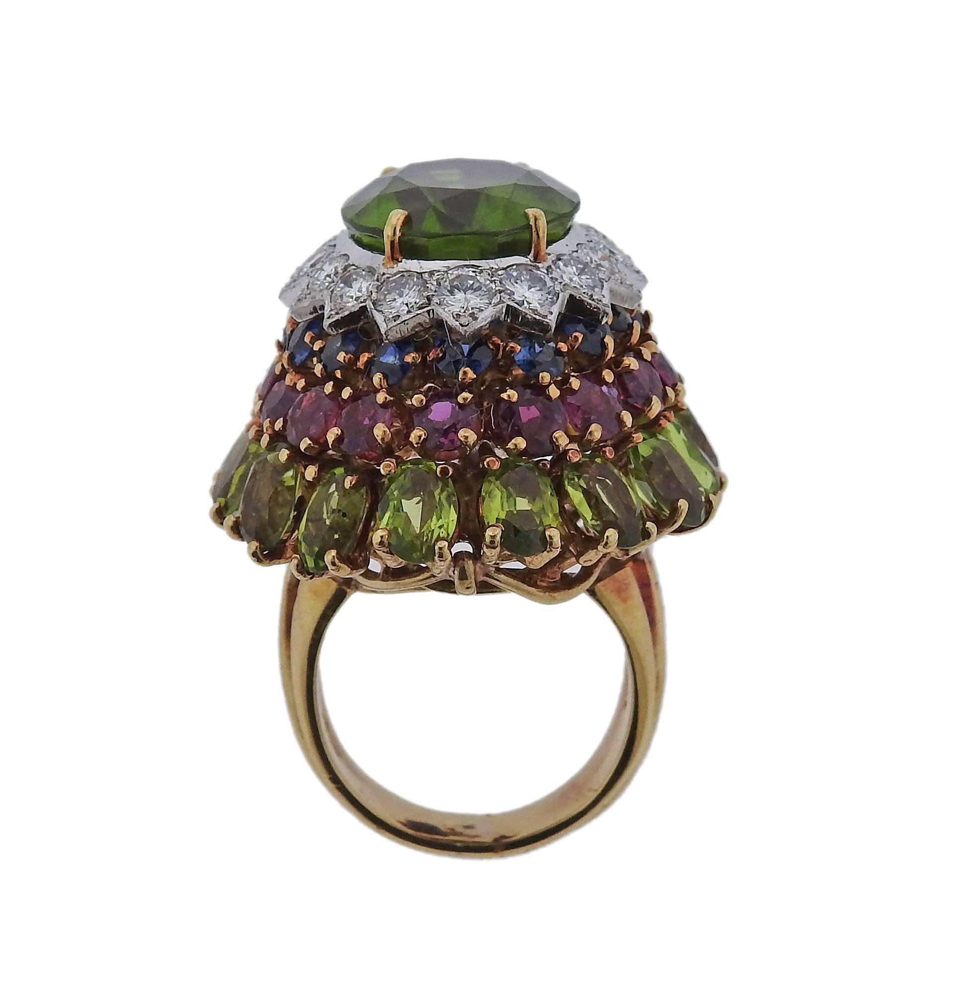 1960s Peridot Ruby Sapphire Diamond Gold Cocktail Ring 2