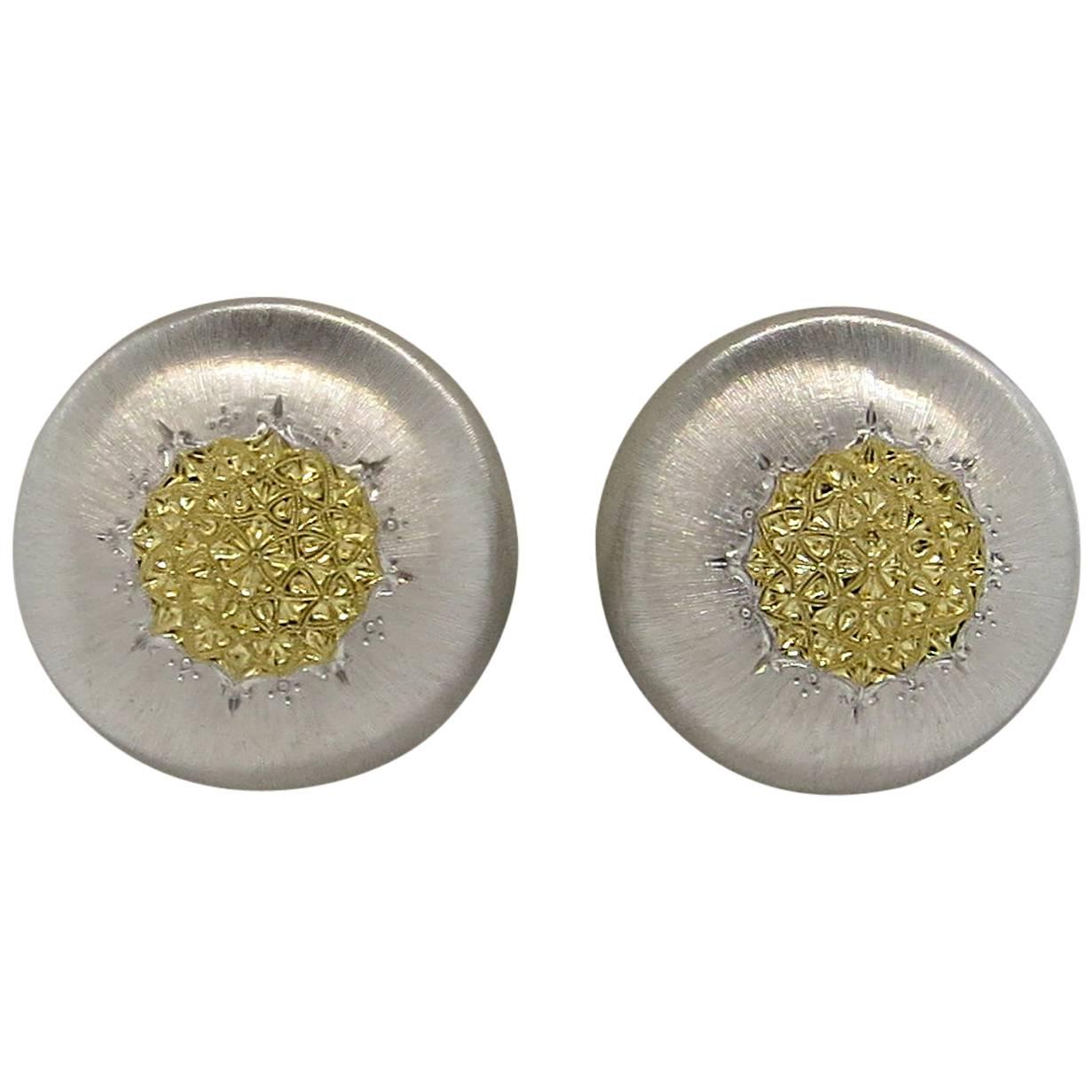 Buccellati Geminato Sterling Silver Gold Button Earrings For Sale