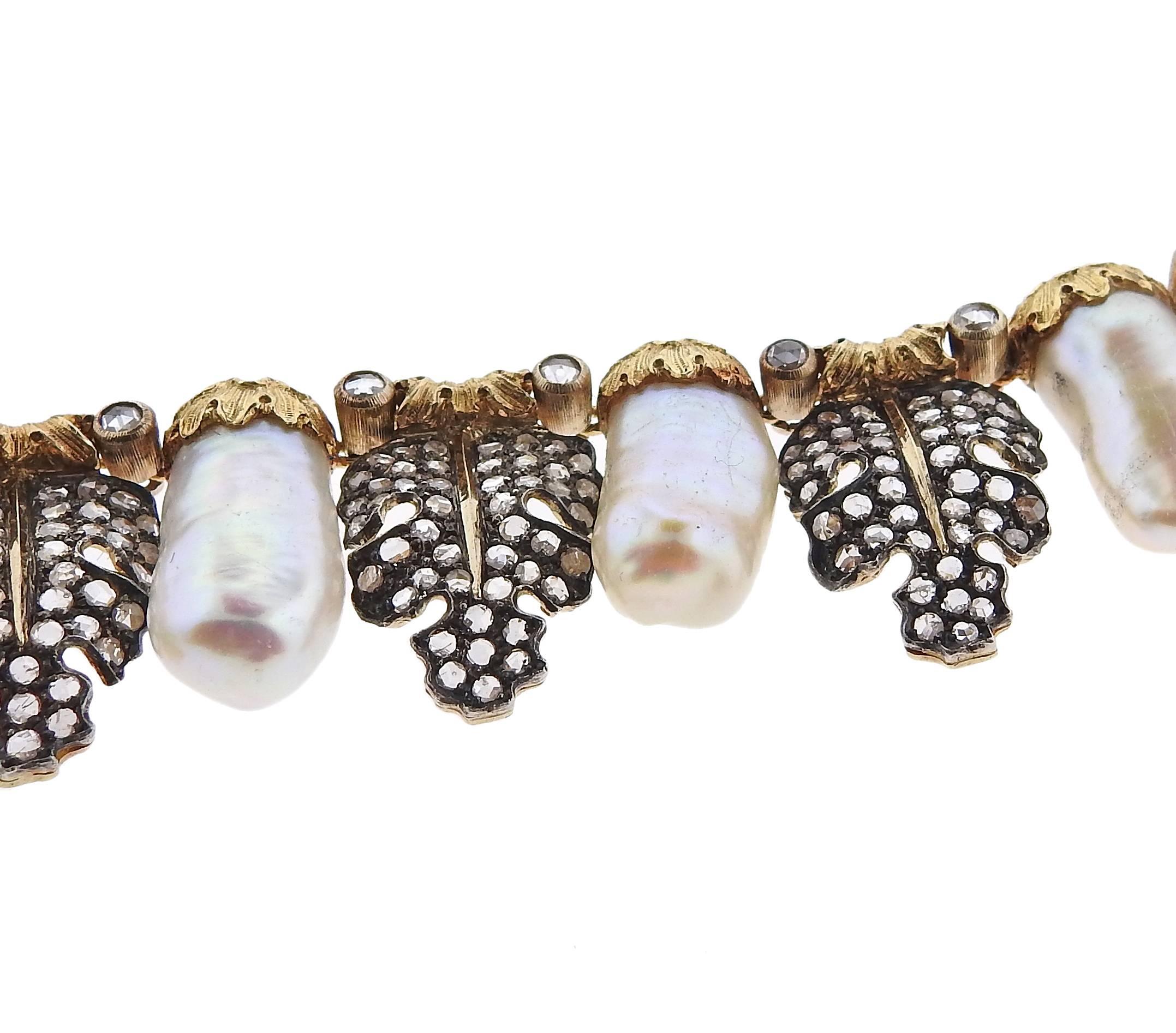 Buccellati Rose Cut Diamond Pearl Gold Necklace Earrings Suite 6