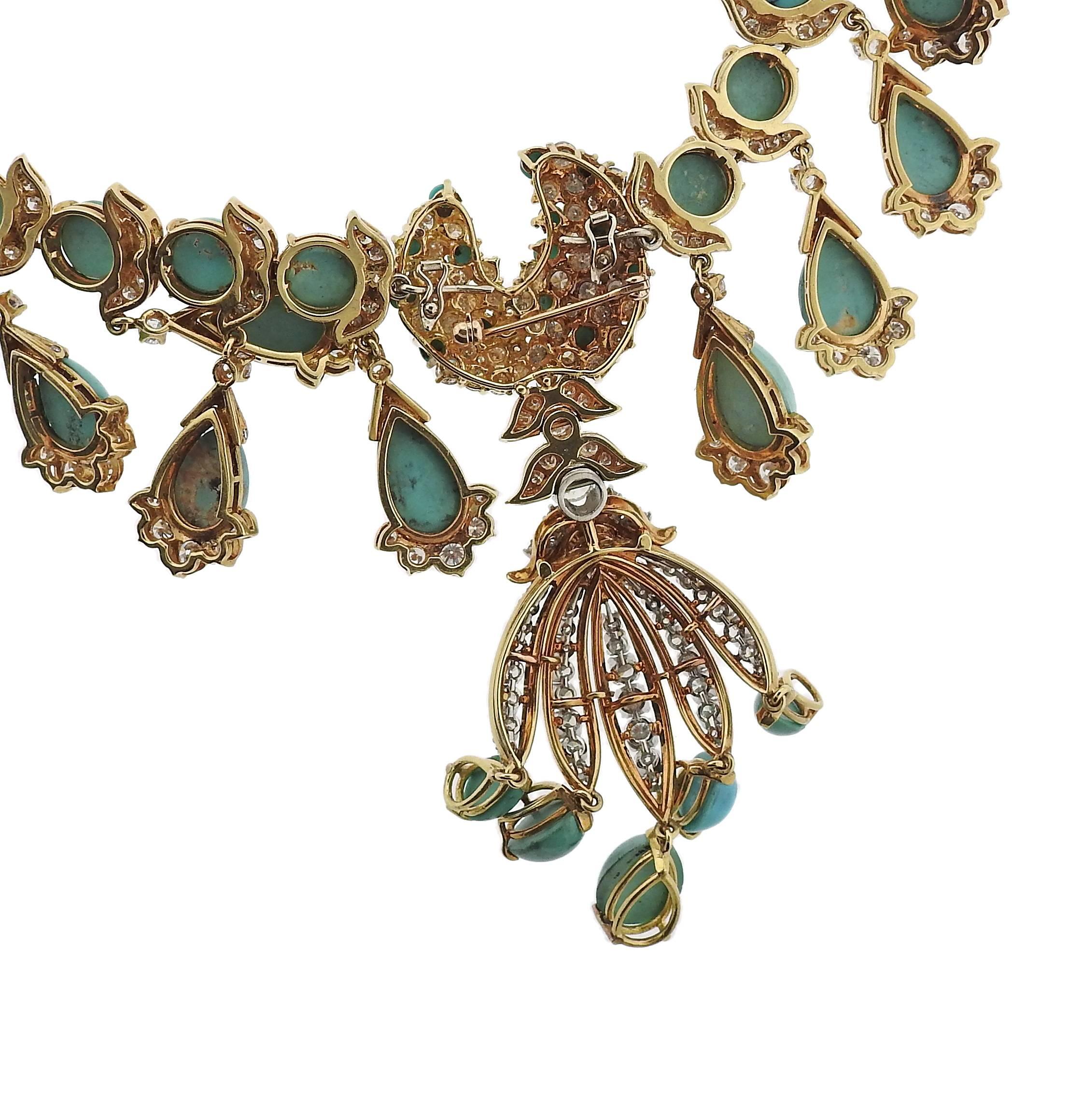 1960s Diamond Turquoise Gold Necklace Brooch 1