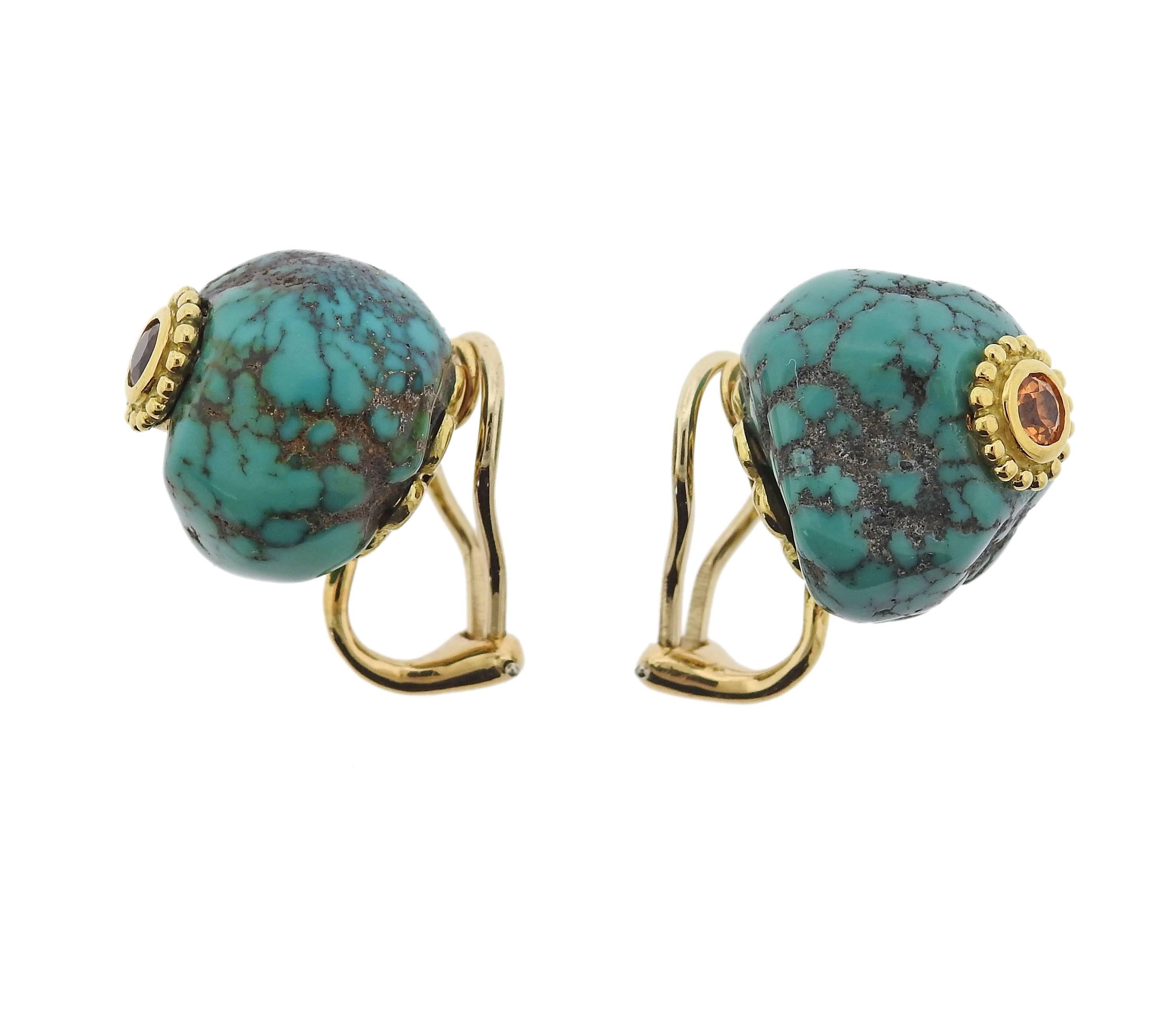 Pair of 18k gold earrings, featuring free form turquoise top with citrine in the center. Designed by Haume, earrings measure 19mm x 20mm. Marked: Haume 18k. Weight - 20.1 grams.