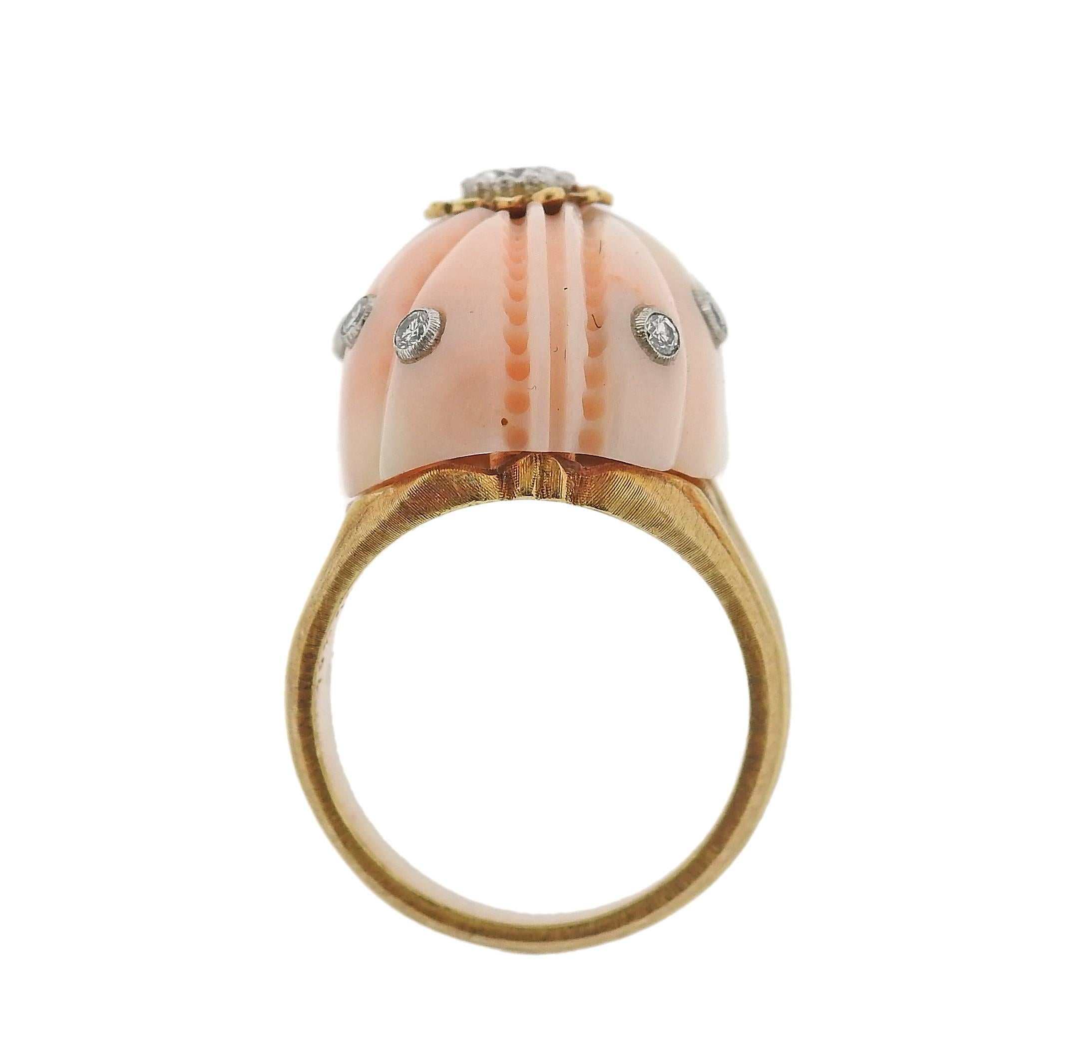 Women's Exquisite Buccellati Carved Coral Diamond Gold Ring