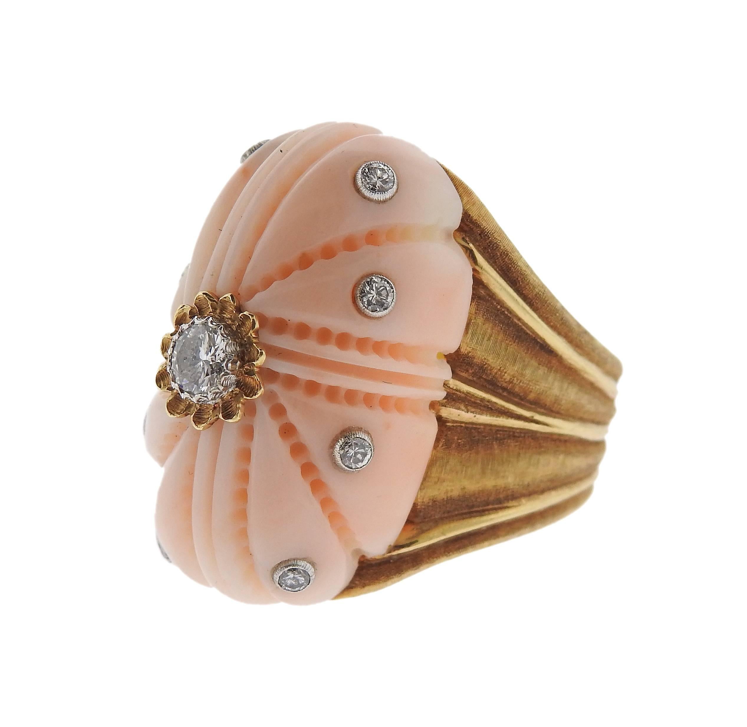 Exquisite Buccellati Carved Coral Diamond Gold Ring