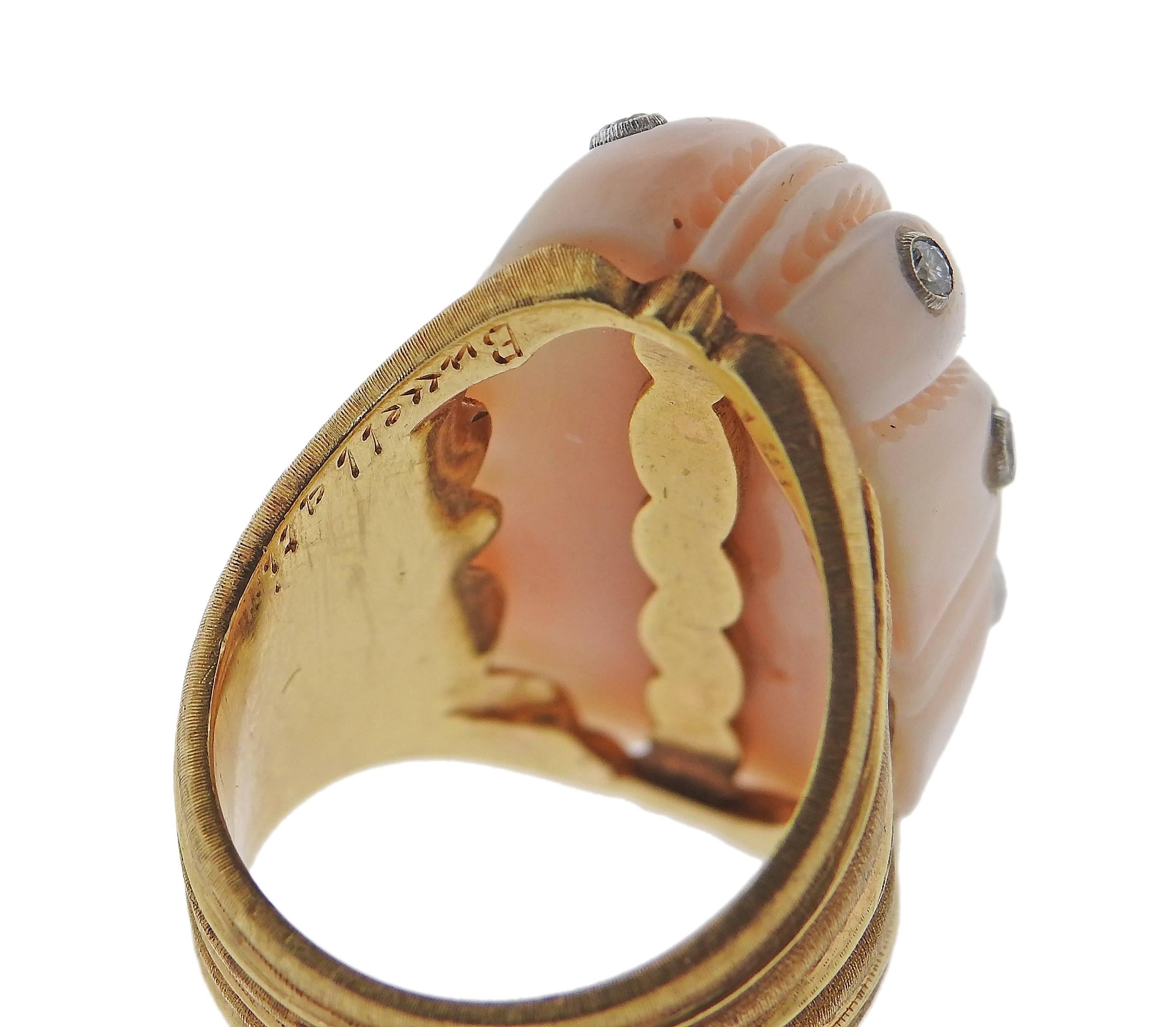 Exquisite Buccellati Carved Coral Diamond Gold Ring 1