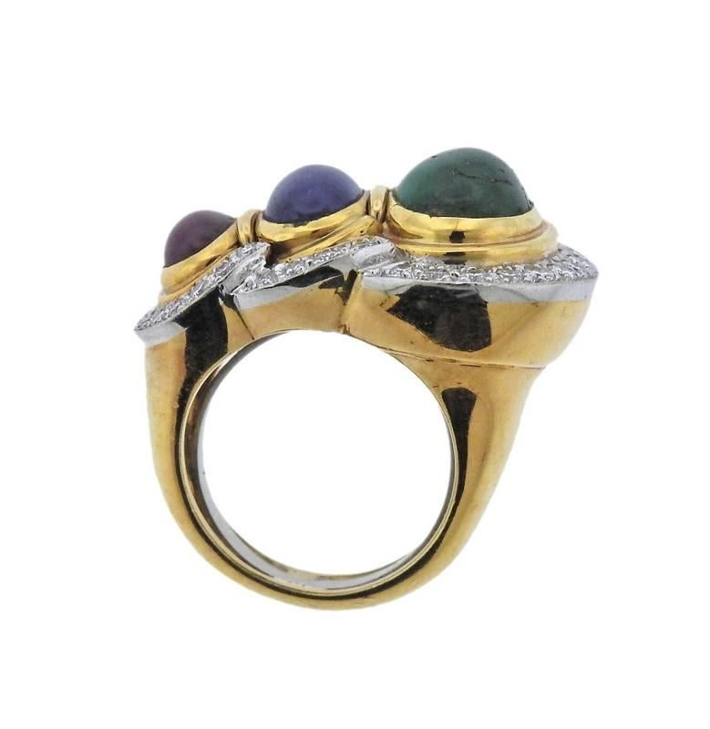 David Webb Emerald Ruby Sapphire Diamond Gold Platinum Ring In Excellent Condition For Sale In Lambertville, NJ