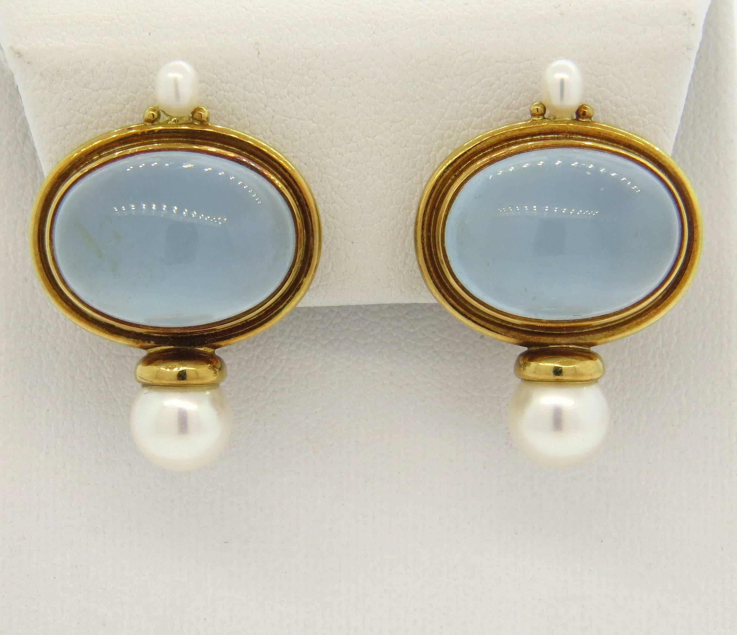 Elizabeth Gage Milky Aquamarine Pearl Gold Earrings 1