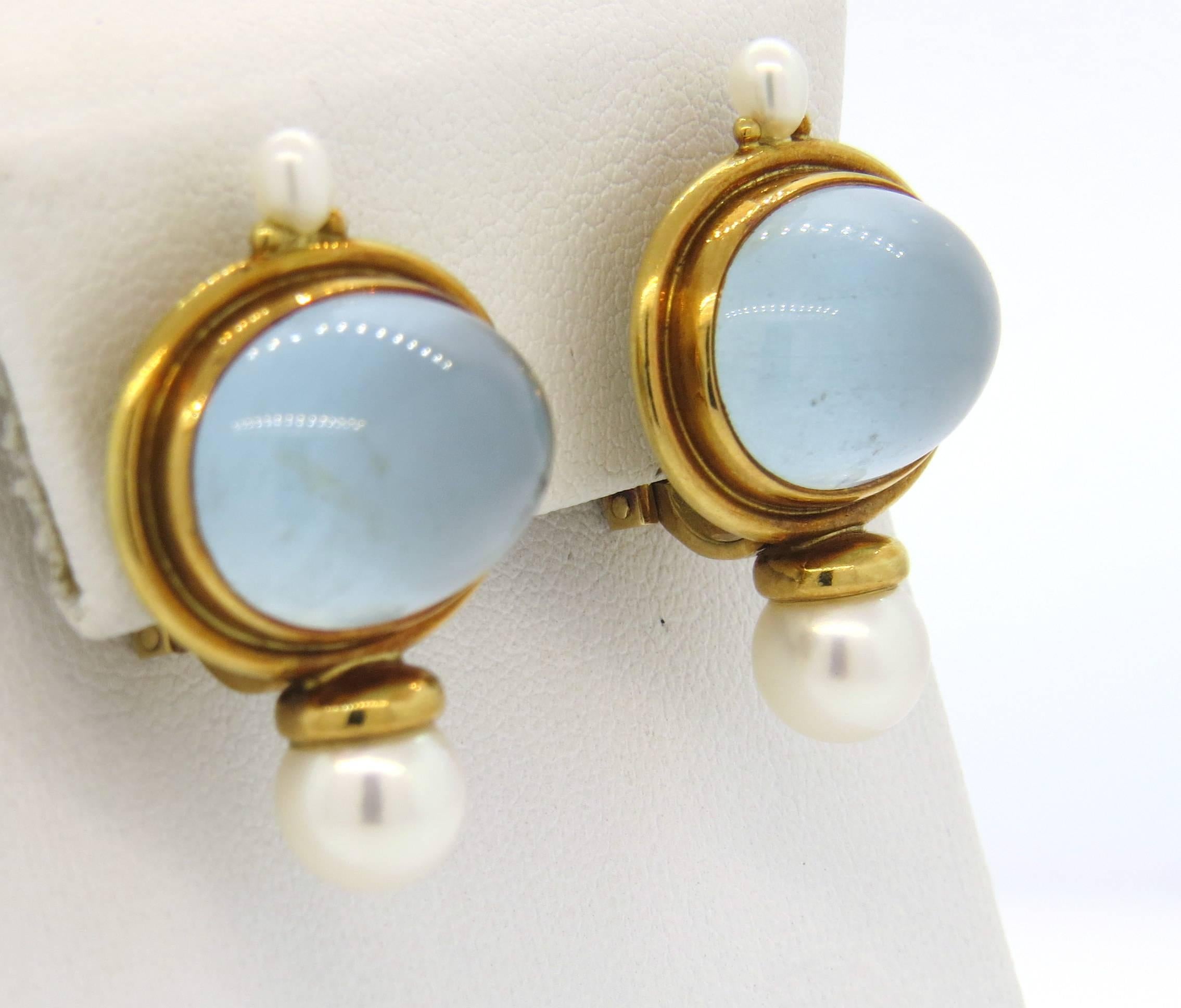Elizabeth Gage Milky Aquamarine Pearl Gold Earrings In Excellent Condition In Lambertville, NJ