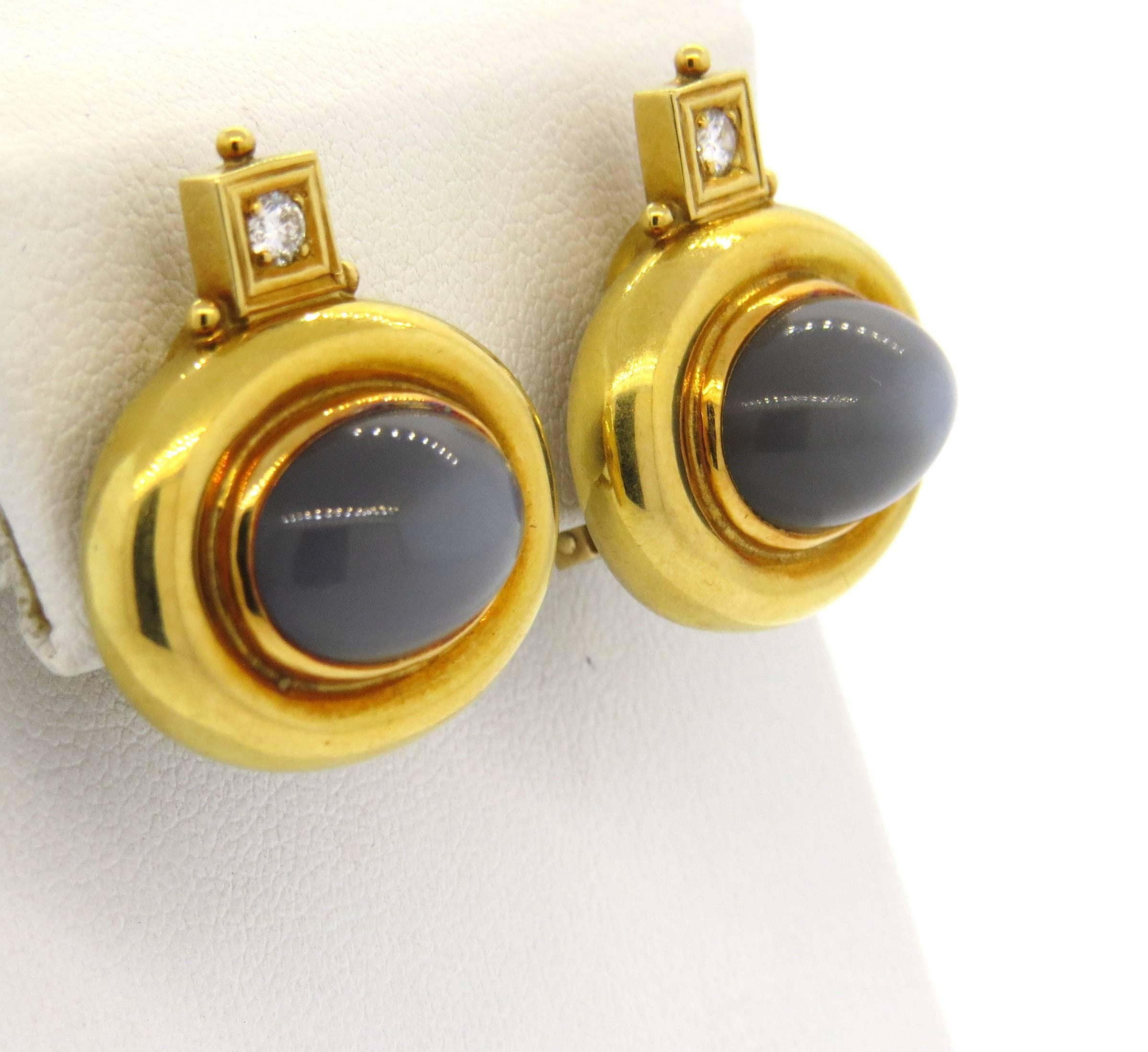 Elizabeth Gage Grey Moonstone Diamond Gold Earrings In Excellent Condition In Lambertville, NJ