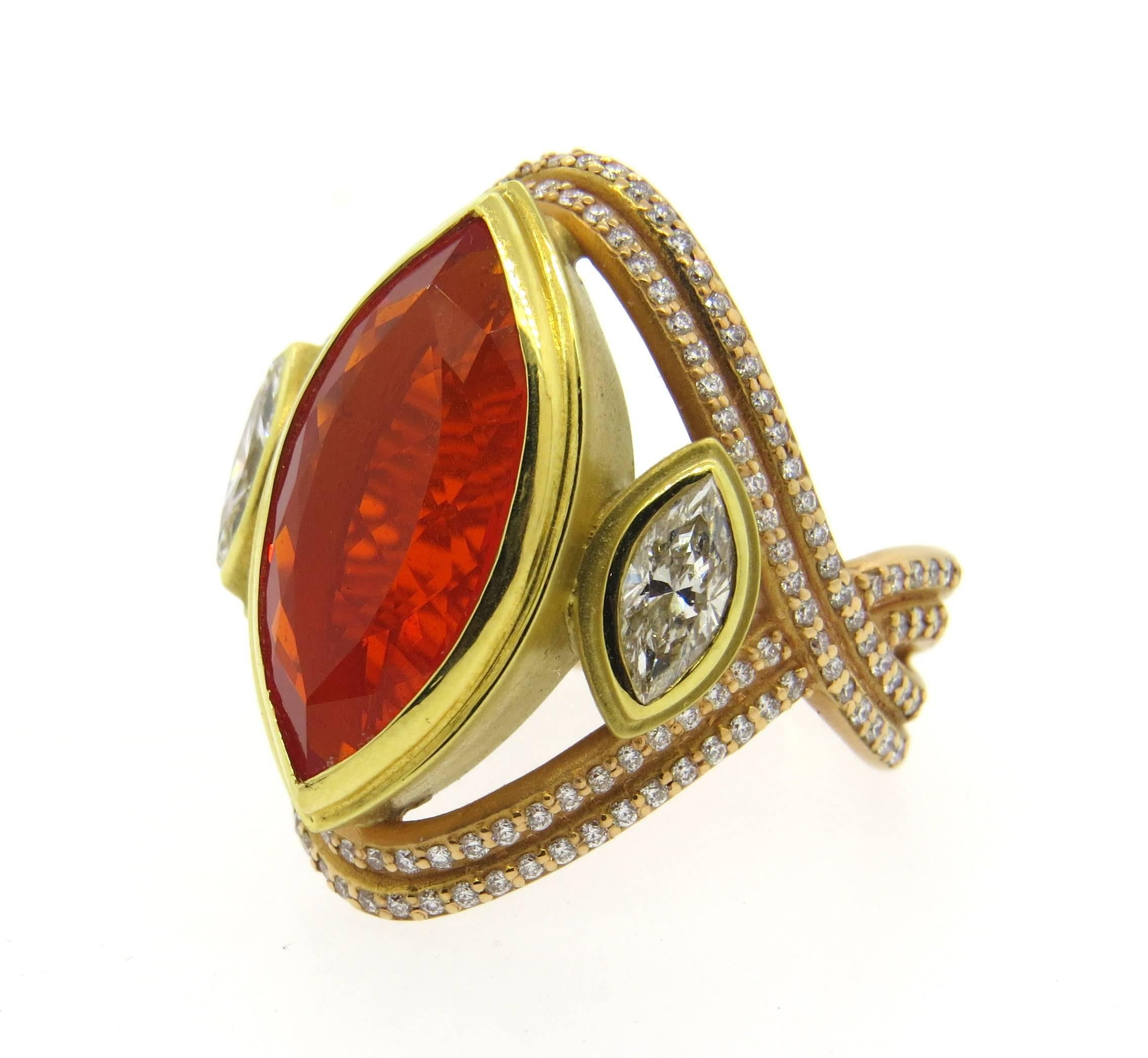 Impressive Sam Lehr Mexican Fire Opal Diamond Gold Ring In Excellent Condition In Lambertville, NJ