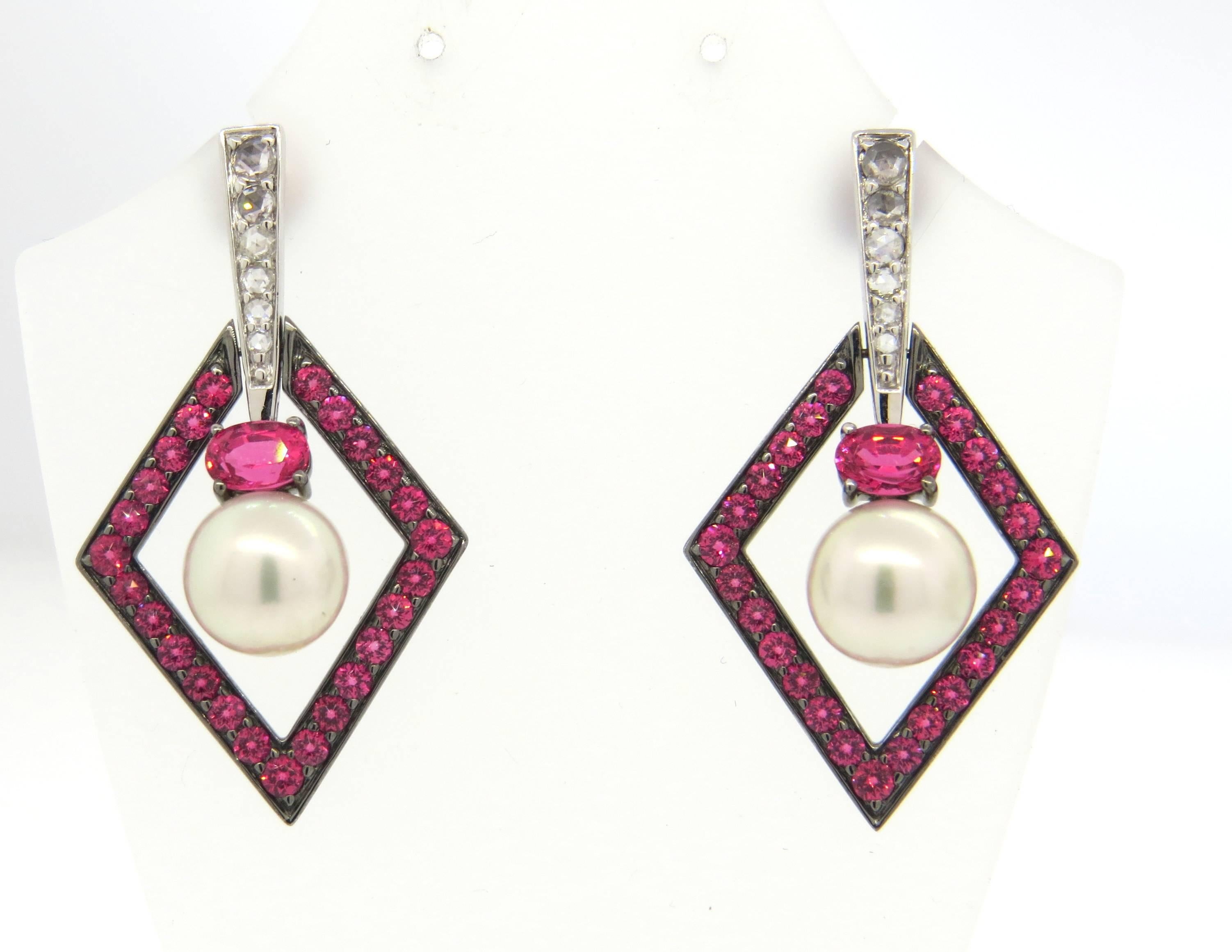 Women's John Hardy Cinta Pearl Pink Spinel Diamond Gold Drop Earrings
