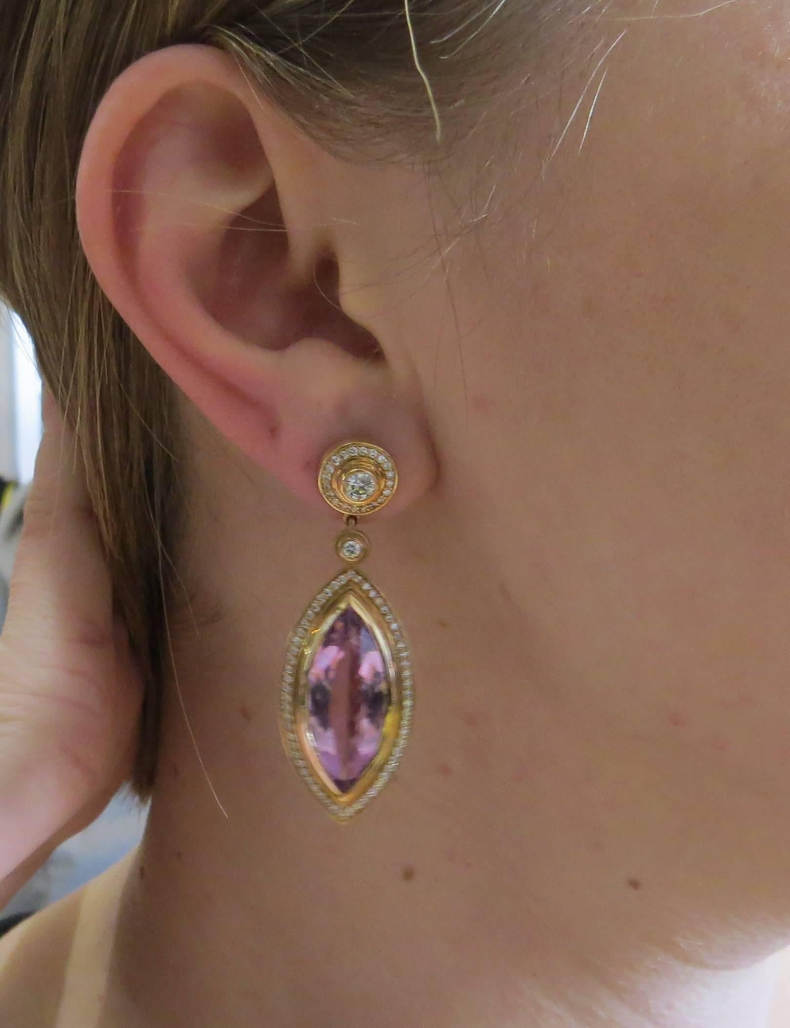 Impressive Sam Lehr Kunzite Diamond Gold Drop Earrings In Excellent Condition In Lambertville, NJ