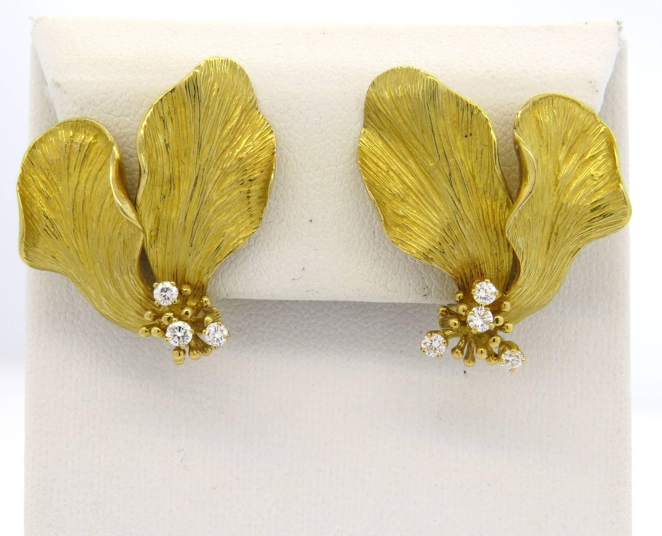 Tiffany & Co. Diamond Gold Flower Earrings In Excellent Condition In Lambertville, NJ