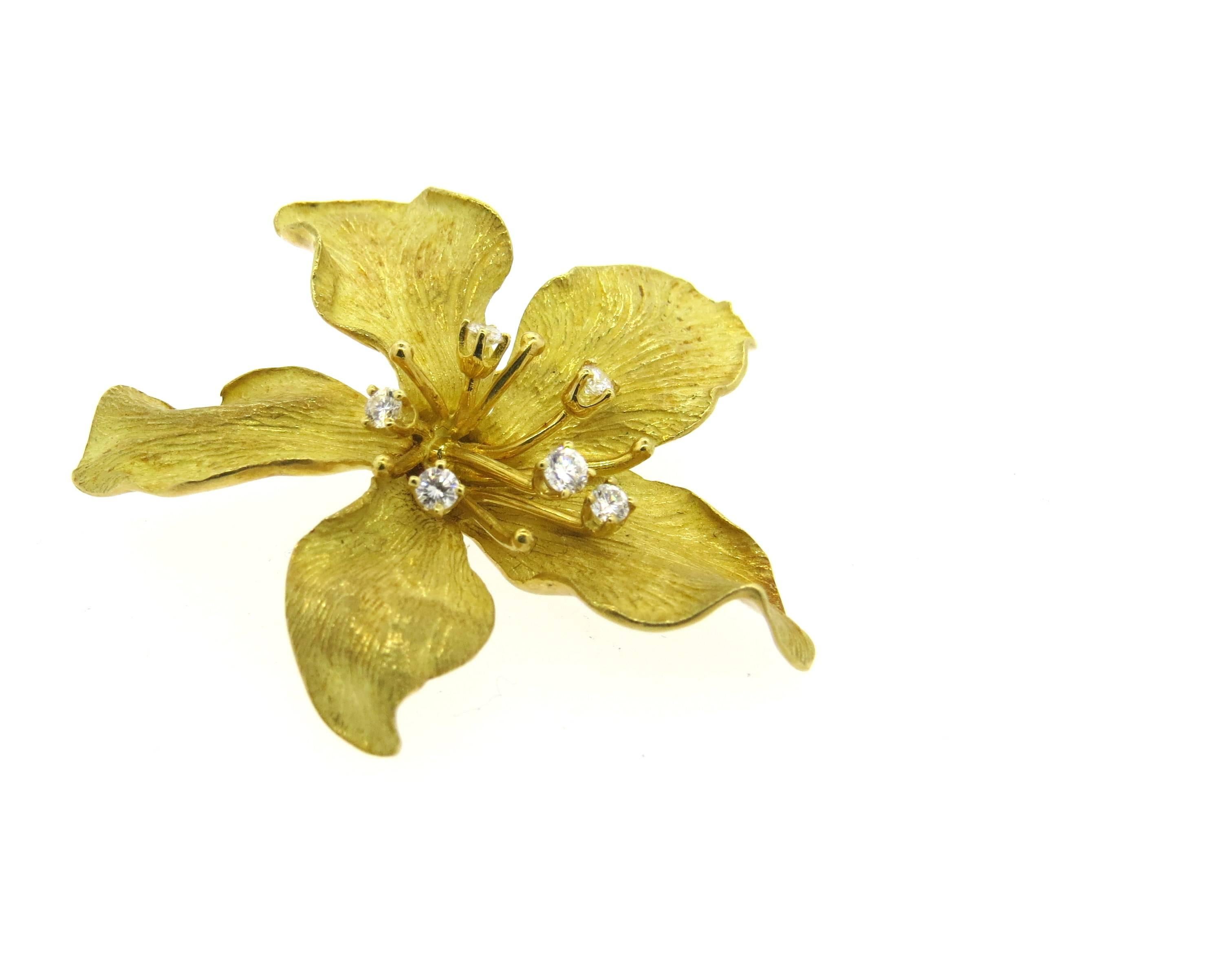 Tiffany & Co Diamond Gold Flower Brooch Pin In Excellent Condition In Lambertville, NJ