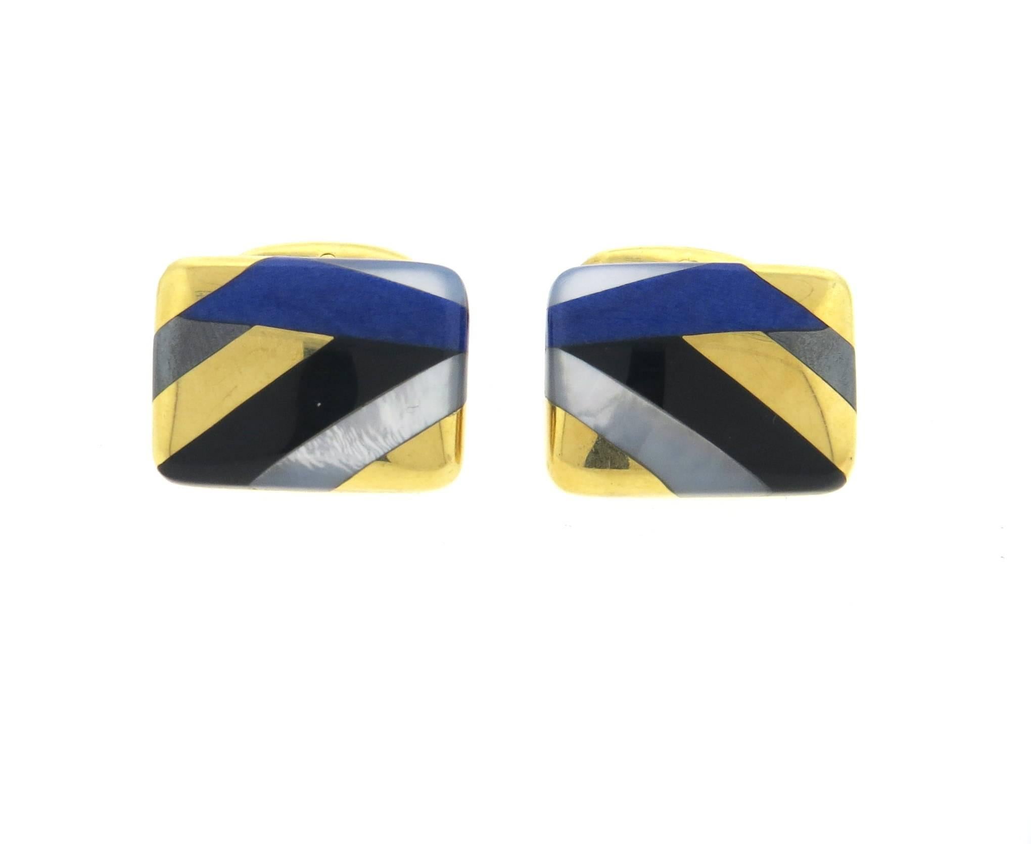 Men's Asch Grossbardt Inlay Onyx Lapis Mother of Pearl Large Gold Cufflinks