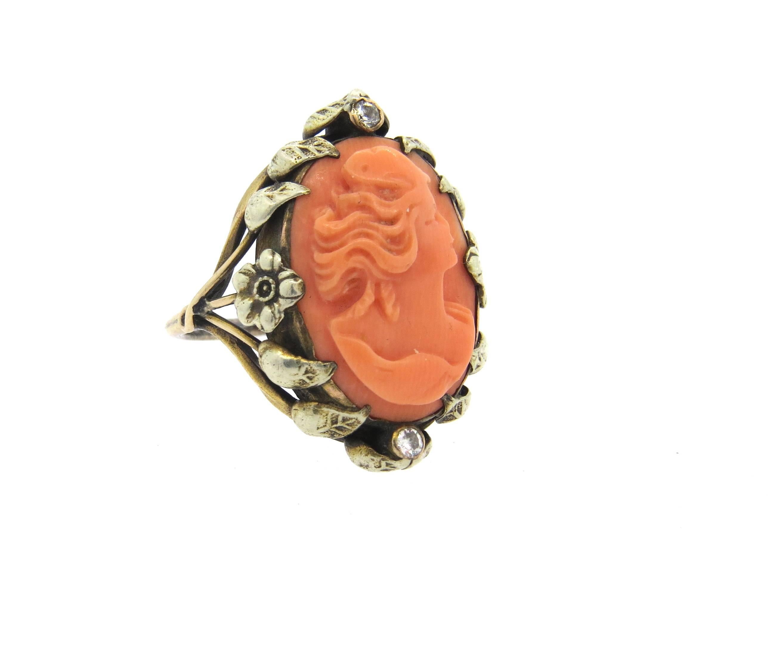 Antique Coral Cameo Diamond Gold Ring  In Excellent Condition In Lambertville, NJ