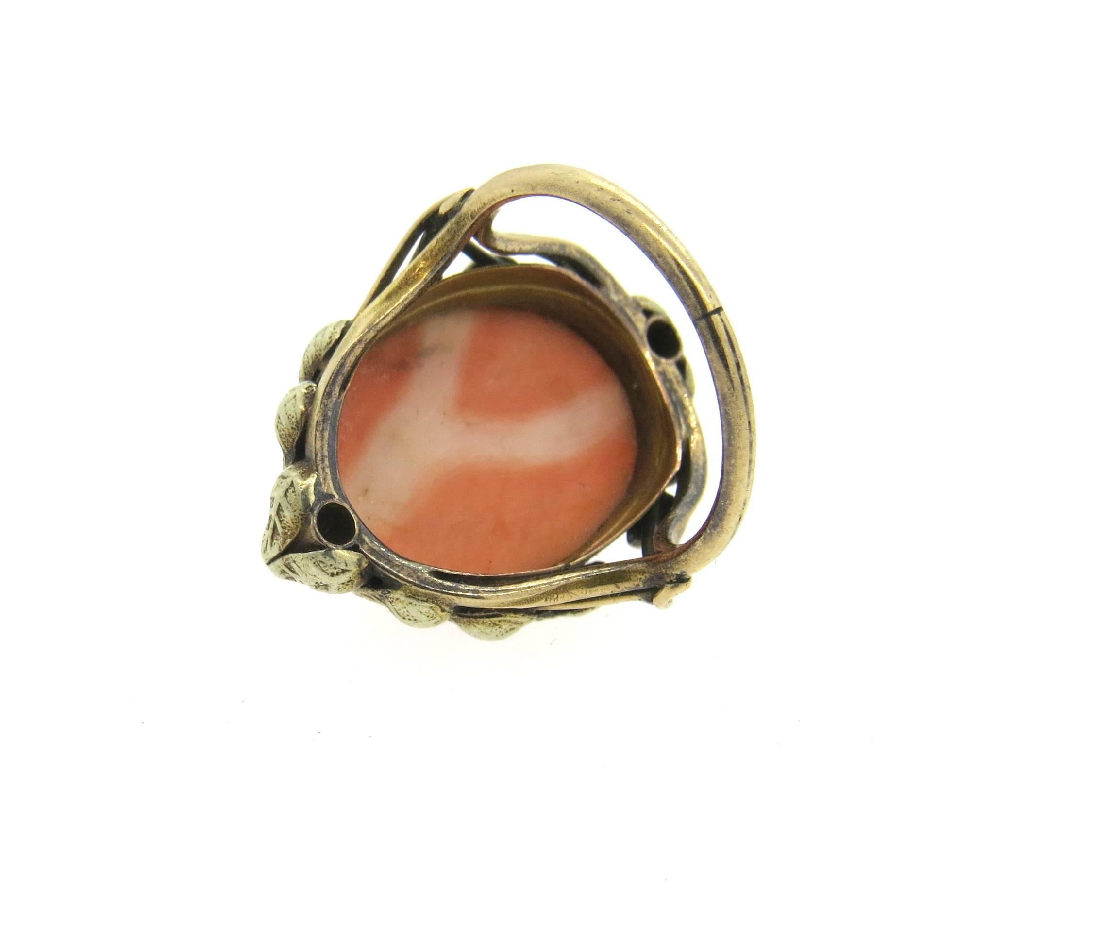 Women's Antique Coral Cameo Diamond Gold Ring 