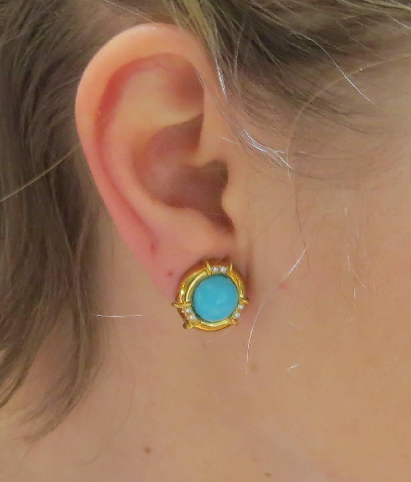 Tiffany & Co. Turquoise Diamond Gold Earrings  In Excellent Condition In Lambertville, NJ